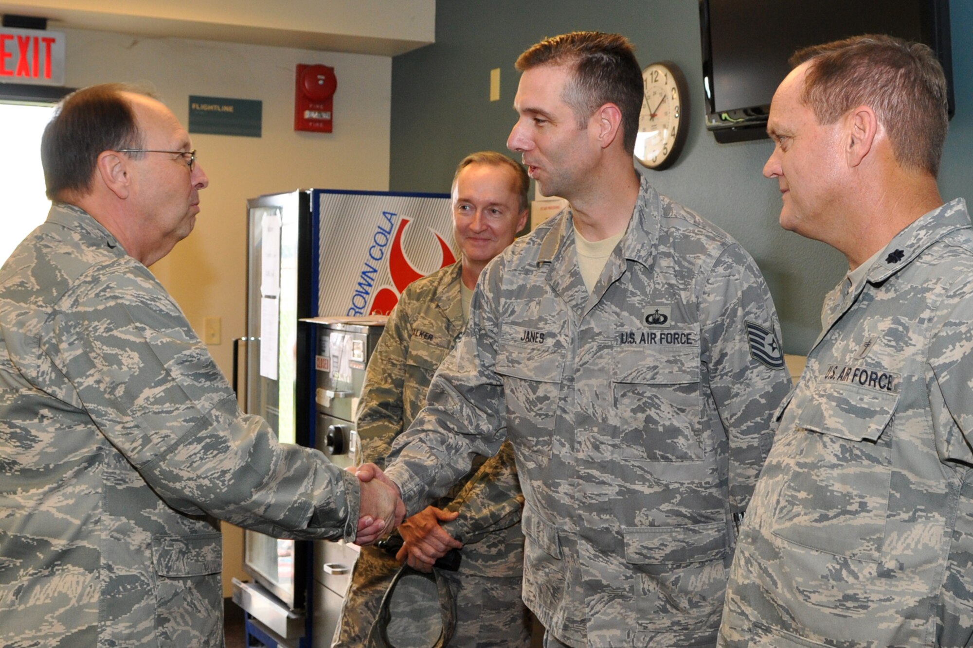 Lt. Gen. Charles E. Stenner, Jr., commander, Air Force Reserve Command, meets Tech. Sgt. Wade Janes, a chaplain’s assistant for the 917th Wing during a tour of the 93rd Bomb Squadron facilities at Barksdale Air Force Base, La., on September 25, 2009. General Stenner traveled to Barksdale for a meeting with Lt. Gen. Frank Klotz, who is the commander of the Global Strike Command, now headquartered here. While on base, General Stenner also met with Col. Steven Basham, 2nd Bomb Wing, commander, toured the 47th Fighter Squadron facilities, the 93rd Bomb Squadron headquarters building and Hangar 1, where maintenance is accomplished on B-52 Stratofortresses for the 917th Wing. (U.S. Air Force photo/Tech. Sgt. Jeff Walston)