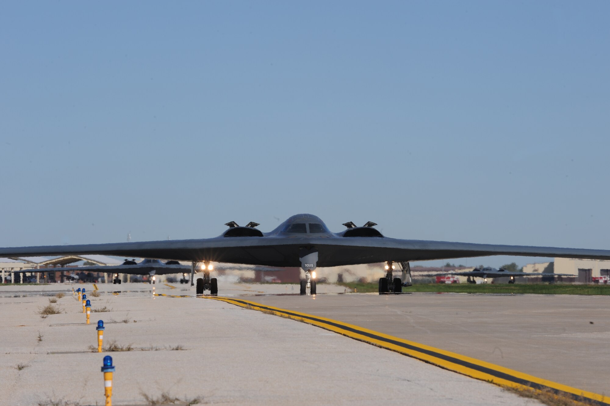 WHITEMAN AIR FORCE BASE, Mo. – A B-2 Spirit taxis as part of “The Beast Walk” after the exercise alert call during the Nuclear Operation Readiness Exercise Sept 29. The NORE is in preparation of the Nuclear Operational Readiness Inspection. (U.S. Air Force photo/Senior Airman Cory Todd)