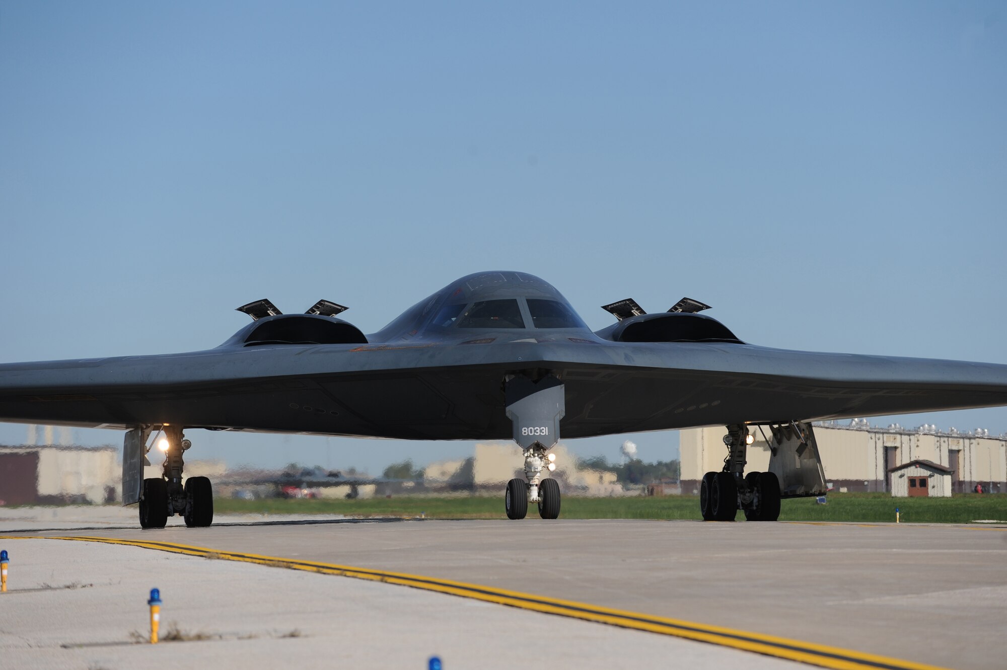 WHITEMAN AIR FORCE BASE, Mo. – A B-2 Spirit taxis as part of “The Beast Walk” after the exercise alert call during the Nuclear Operation Readiness Exercise Sept 29. The NORE is in preparation of the Nuclear Operational Readiness Inspection. (U.S. Air Force photo/Senior Airman Cory Todd)