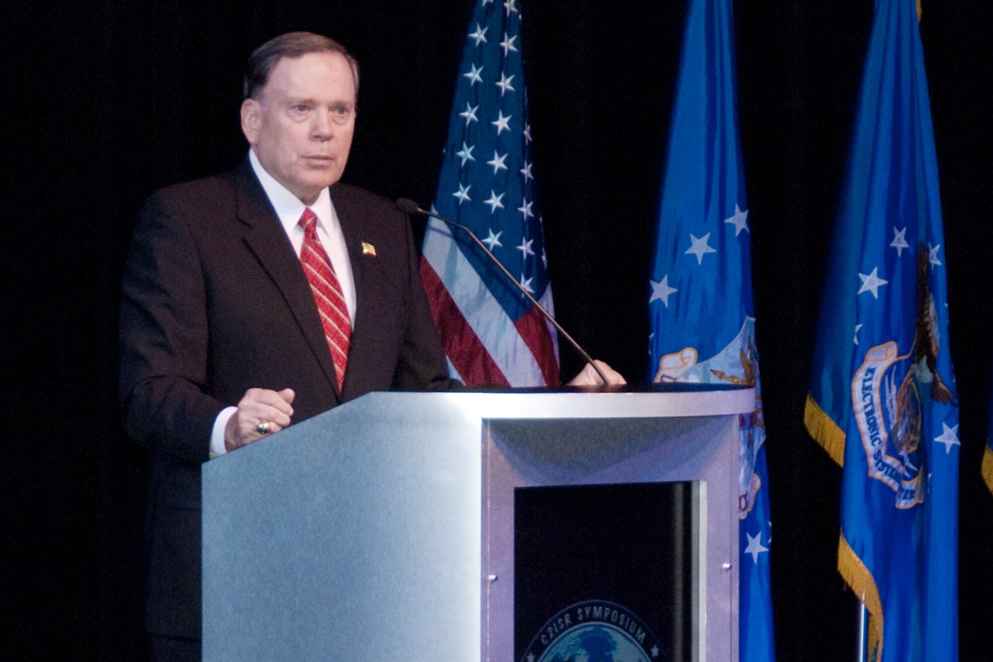 Former Air Force Chief of Staff Gen. John P. Jumper kicks off the Air Force C2ISR Symposium in Ledyard, Conn., Sept. 28, 2009. Also scheduled to speak at the symposium are Air Force Secretary Michael B. Donley and Chief of Staff Gen. Norton Schwartz. (Air Force photo/Rick Berry)