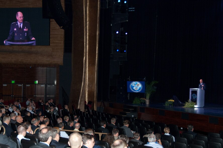 LEDYARD, Conn. -- Gen. C. Robert Kehler, commander of Air Force Space Command, addresses the Air Force Command and Control, Intelligence, Surveillance and Reconnaissance Symposium.  The general is one of many Air Force and corporate leaders to address the symposium. (U.S. Air Force photo by Rick Berry)