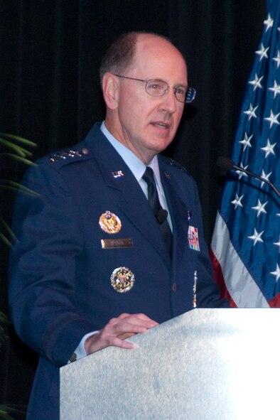 LEDYARD, Conn. -- Gen. C. Robert Kehler, commander of Air Force Space Command, addresses the Air Force Command and Control, Intelligence, Surveillance and Reconnaissance Symposium.  The general is one of many Air Force and corporate leaders to address the symposium. (U.S. Air force photo by Rick Berry)