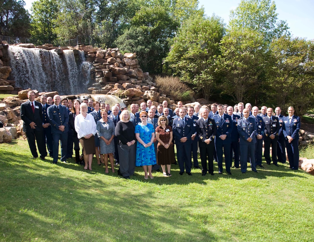 The Euro-NATO Joint Jet Pilot Training Program’s Steering Committee No. 58 pose in front of The Falls in Wichita Falls, Texas. The members discussed the flow of student pilots, instructor pilot training, leadership and command opportunities, maintenance statistics and plans for ENJJPT. (U.S. Air Force photo/ Lt. Col. Ternell Washington)     