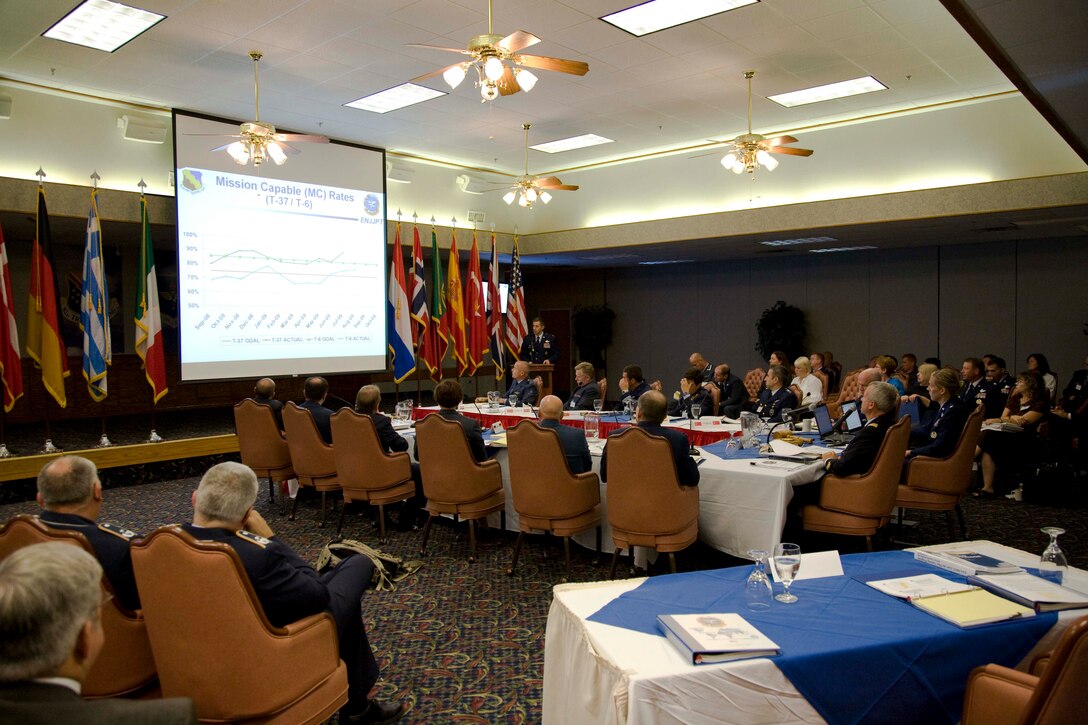 Col. Kevin Schneider, 80th Flying Wing commander, provides a wing update briefing to the attendees of the Euro-NATO Joint Jet Pilot Training Program’s Steering Committee No. 58. The members discussed the flow of student pilots, instructor pilot training, leadership and command opportunities, maintenance statistics and plans for ENJJPT. (U.S. Air Force photo/ Lt. Col. Ternell Washington)     