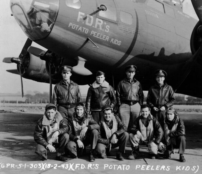 Staff Sgt. Joseph G. "Zip" Zsampar, U.S. Army (Front row, far right) was a member of the crew of Capt Ross C. Bales.  He was killed when the B-17F Flying Fortress was shot down over the North Sea on May 14, 1943.  The visit on September 25, 2009 of Ms. Louise Smedley-Hampson commemorated the life of Staff Sgt. Zsampar to whom her mother was engaged until his death. (U.S. Air Force photo by Staff Sgt. Javier Cruz)