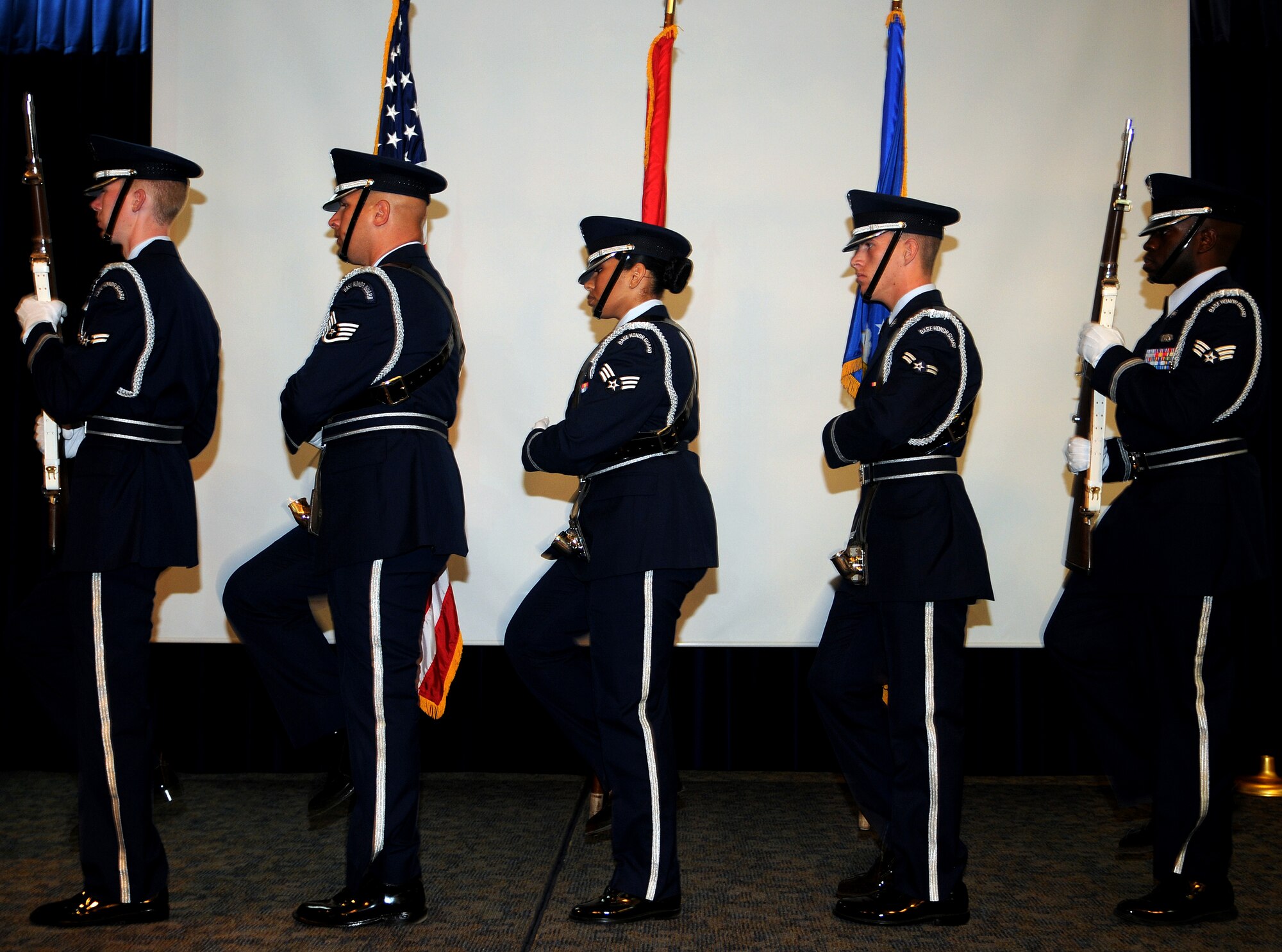 Incirlik Honor Guard members step in sync during the posting of the colors at the Air Force Ball Friday, Sept. 25, 2009, at Incirlik Air Base, Turkey. The night’s theme was Heritage, Honor and Valor.(U.S. Air Force Photo/Senior Airman Alex Martinez)