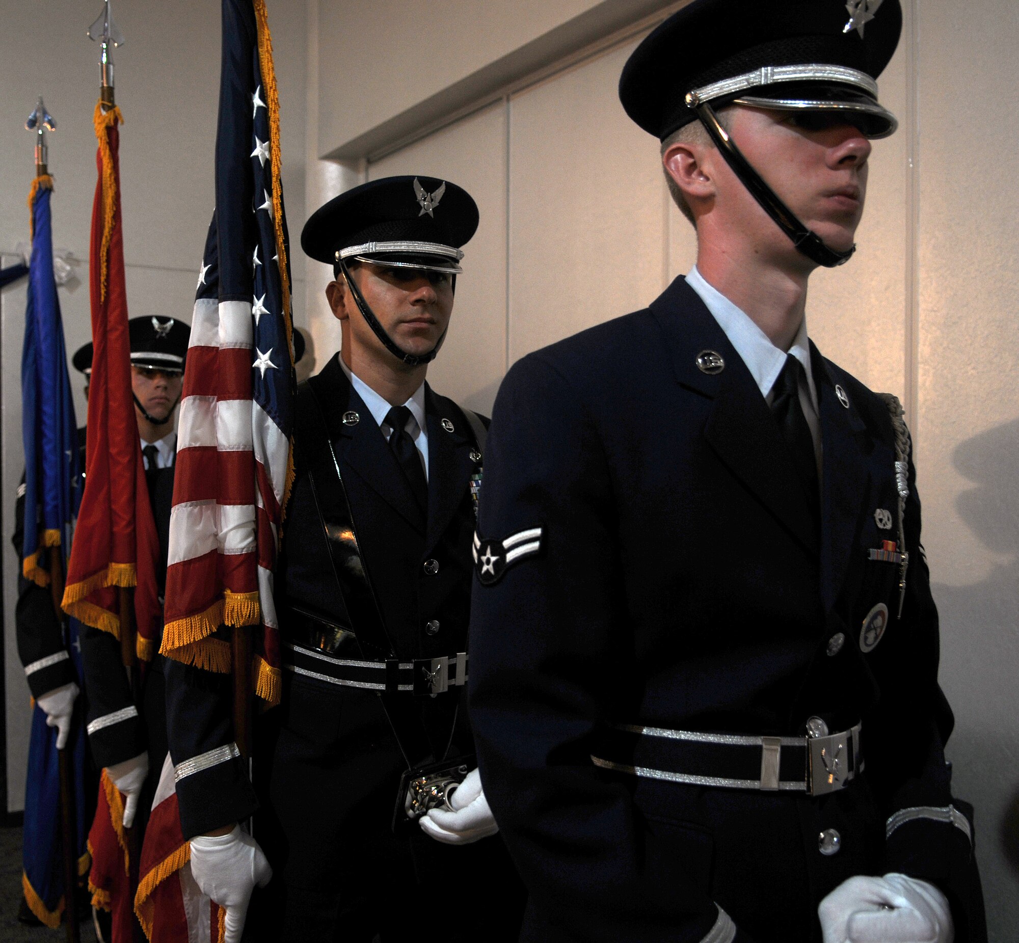 Incirlik Honor Guard members prepare to post the colors at the Air Force Ball Friday, Sept. 25, 2009, at Incirlik Air Base, Turkey. The night’s theme was Heritage, Honor and Valor.(U.S. Air Force Photo/Senior Airman Alex Martinez)