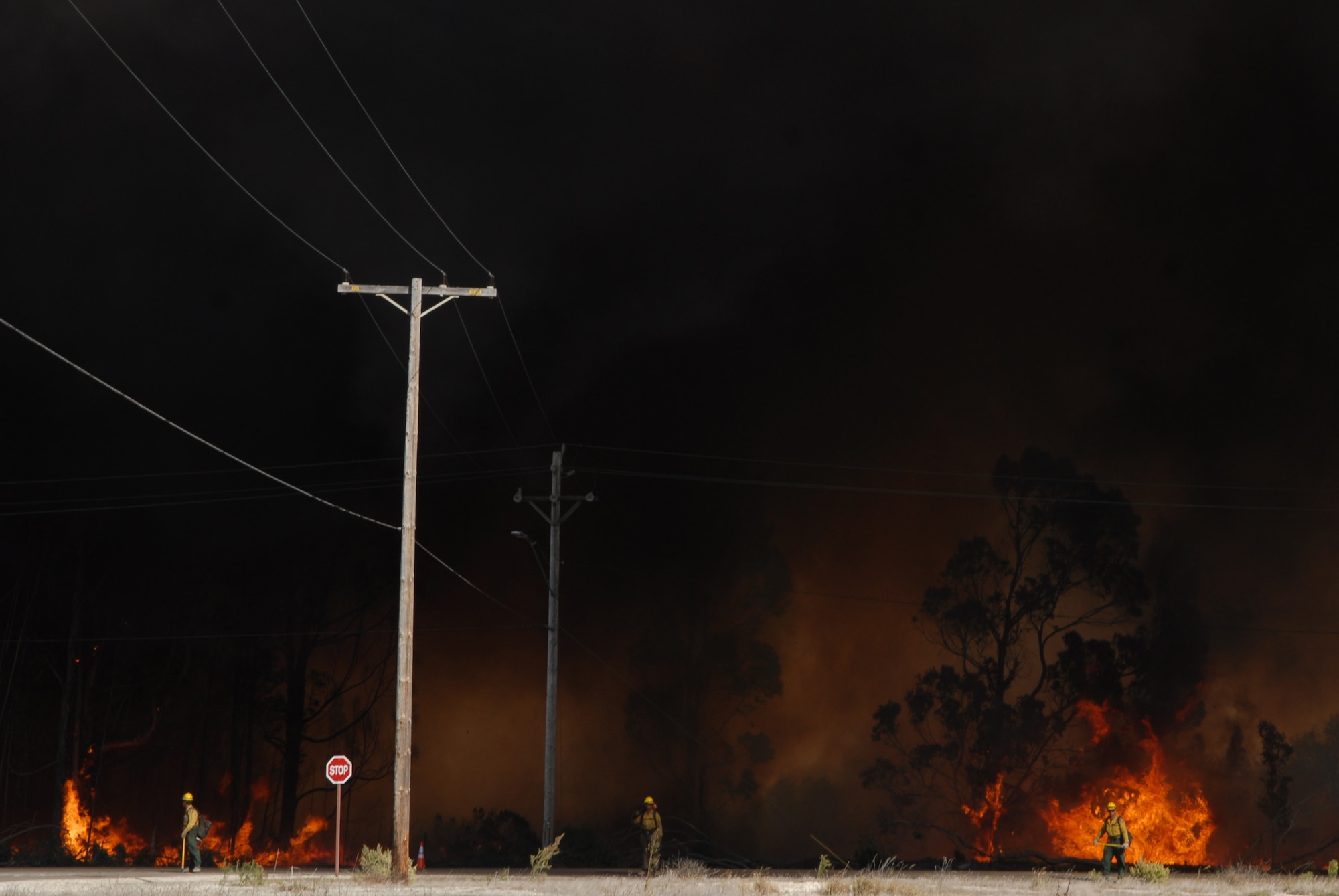 VANDENBERG AIR FORCE BASE, Calif. - Vandenberg Fire and local fire departments respond to a fire started near Vandenberg Middle School  here Sept. 30 at approximately 11:45. Over 350 acres were burned by the fire.  ( U.S. Air Force photo/Senior Airman Antoinette Lyons)
