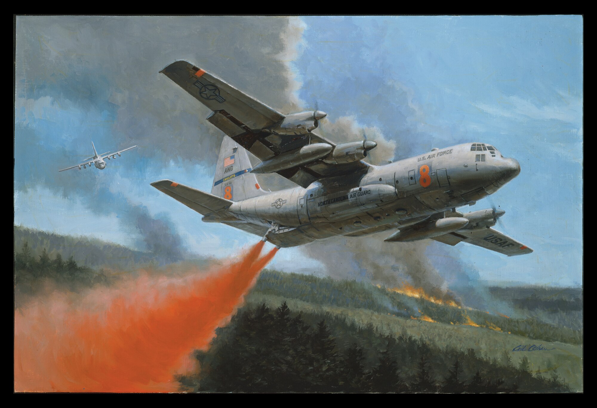 One of two Modular Airborne Firefighting System (MAFFS) equipped C-130 Hercules aircraft from the 145th Airlift Wing, North Carolina Air National Guard, lays down a blanket of flame-retardant liquid over a forested area in Southern California. The fires, stoked by 100 mph Santa Ana winds, were categorized as a major disaster. The results were more than 300,000 people driven from their homes and nearly 500,000 acres of woodlands consumed in 12 counties. Also deployed to Southern California were two MAFFS equipped C-130 s from the 153rd Airlift Wing, Wyoming Air National Guard. The four Air National Guard C-130s, staged at Naval Air Station, Point Mugu, flew more than 40 missions in the first week of operations.
The MAFFS, owned by the U.S. Forest Service, is a fire-suppressant apparatus that is loaded into the C-130’s cargo area. Consisting of a series of five pressurized tanks, the MAFFS can hold 3,000 gallons of flame-retardant liquid that is dropped along the leading edge of a fire to block the spread of flames. Flown on Air National Guard and Air Force Reserve C-130 aircraft, the aircrews require special training to fly these civil support missions. MAFFS crews are buffeted by thermal gusts, wind, and smoke as they drop their payload while flying between 150 and 200 feet above the ground.
Since 1974, the MAFFS has saved land, lives, and property from wildfires in the U.S. and abroad. Currently there are three Air National Guard C-130 units capable of operating MAFFS. In addition to the 145th AW and the 153rd AW, the 146th AW, California Air National Guard, also flies MAFFS-equipped C-130s. These units continue to stand at the ready to support civil emergencies.  
This work of art “Quenching the Flames” was painted by renowned Aviation Artist, Gil Cohen.
To see how to download or order a print, go to:
http://www.ng.mil/resources/photo_gallery/index.html
