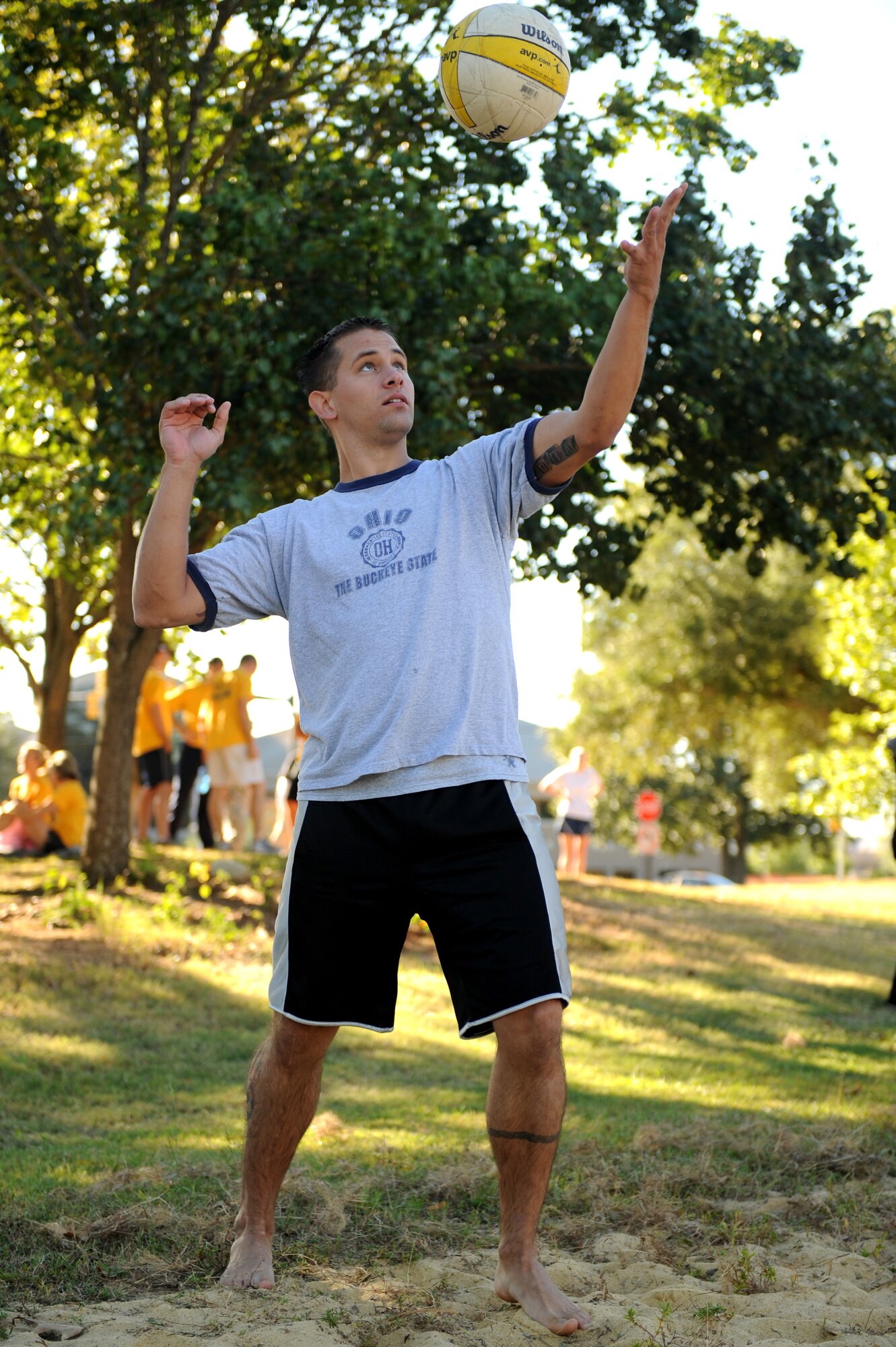SHAW AIR FORCE BASE, S.C. -- Senior Airman Matthew Donahoue, 20th Aircraft Maintenance Squadron, serves the ball during a volleyball match Sept. 29. The volleyball tournament was one of many events squadrons competed in during the annual Viper Challange. (U.S. Air Force Photo/Senior Airman David Minor)