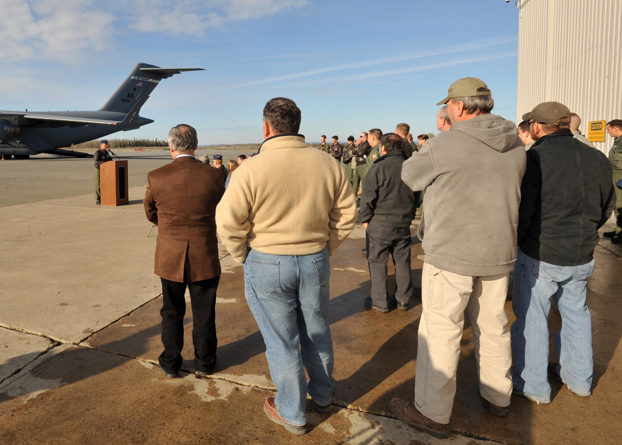 ALLEN ARMY AIRFIELD, Alaska -- 3rd Wing Commander Col. Thomas Bergeson speaks to members gathered for a ribbon cutting ceremony Sept. 29, 2009. The ceremony was held in celebration of a newly opened runway on Allen Army Airfield. (U.S. Air Force photo/Senior Airman Laura Turner)