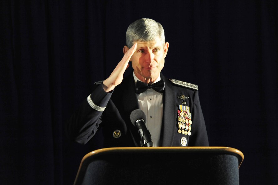 Air Force Chief of Staff Gen. Norton Schwartz salutes Medal of Honor recipient Col.(Ret.) Joe Jackson during his keynote speech at the Air Force birthday celebration at McChord Air Force Base, Wash., on Sept. 26, 2009. (U.S. Air Force Photo/Master Sgt. Chris Haylett) 