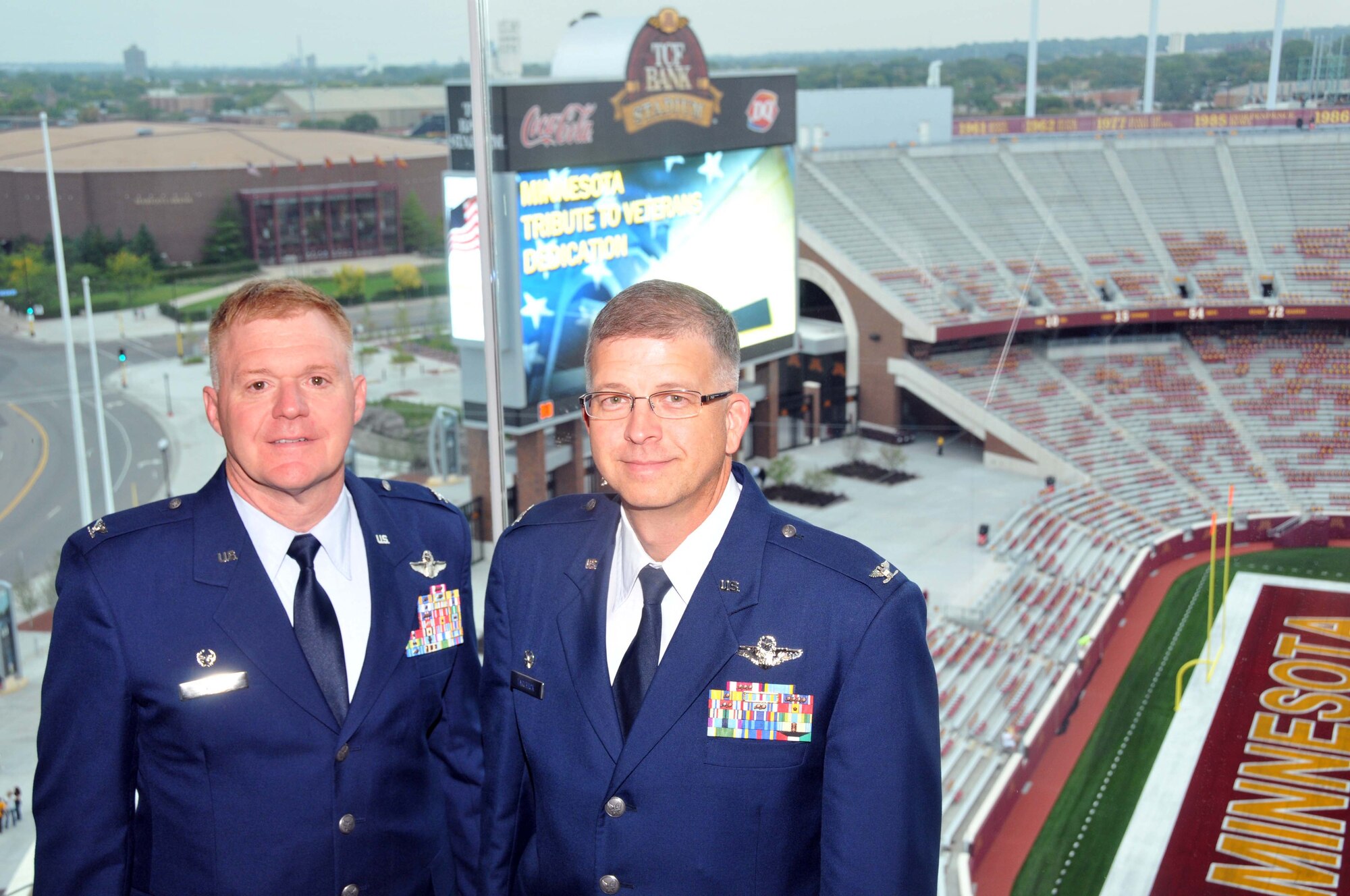Col. Ron Wilt, 934th Operations Group commander (left) and Col. Tim Tarchick, 934th Airlift Wing commander. Attend the Veteran?s Memorial dedication at the new University of Minnesota Gopher football stadium Sept. 11.  The memorial wall is dedicated to all veterans and will be used for future ceremonies honoring them.  (Air Force Photo/Master Sgt. Paul Zadach)  