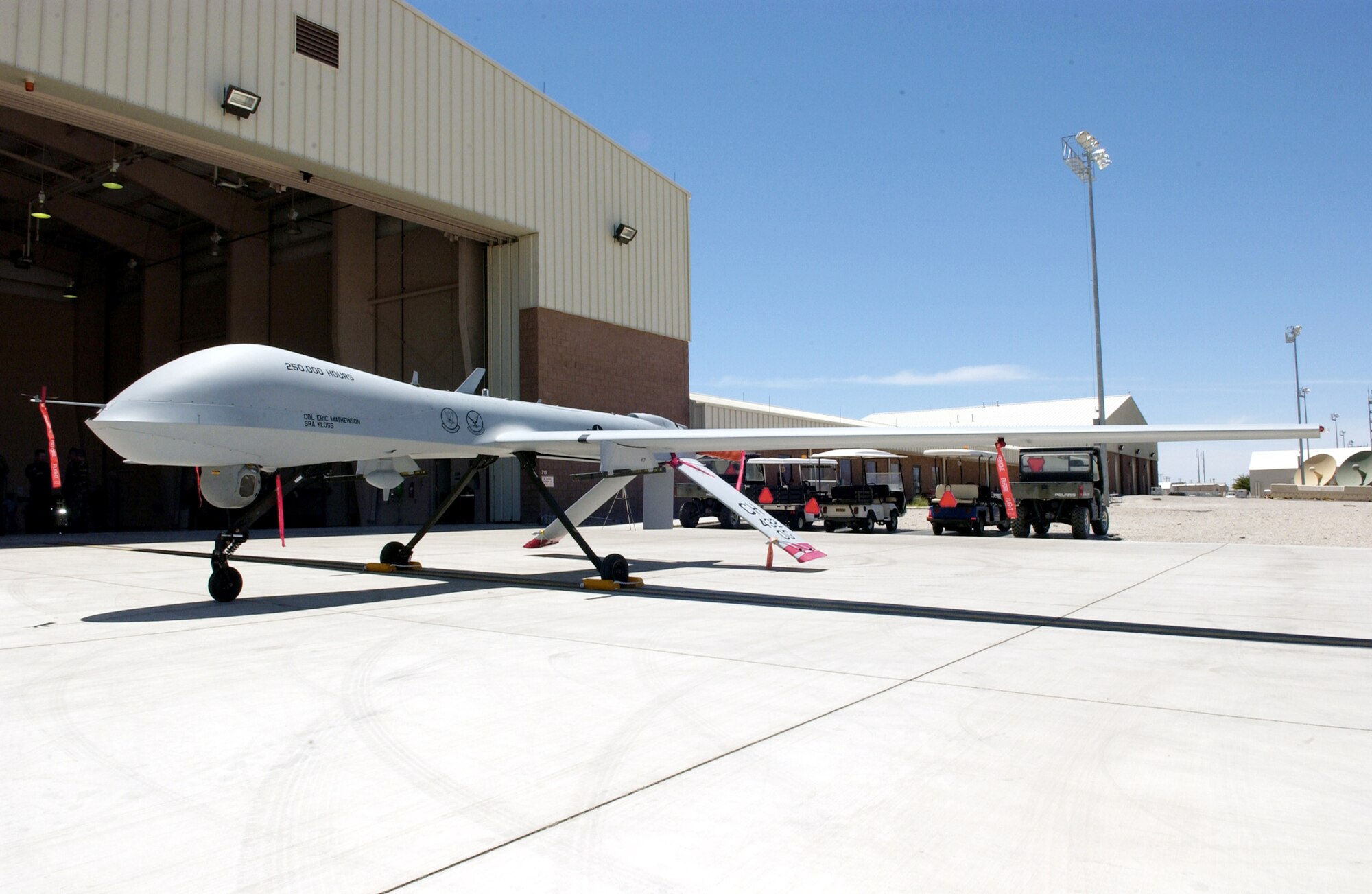 Airmen of the 432d Air Expeditionary Wing surpassed the 600,000 flight hour mark in the MQ-1 Predator unmanned aircraft system Sept. 4 at Creech Air Force Base, Nev. The Predator's primary mission is interdiction and conducting armed reconnaissance against critical, perishable targets. (U.S Air Force photo/Senior Airman Larry E. Reid Jr.) 