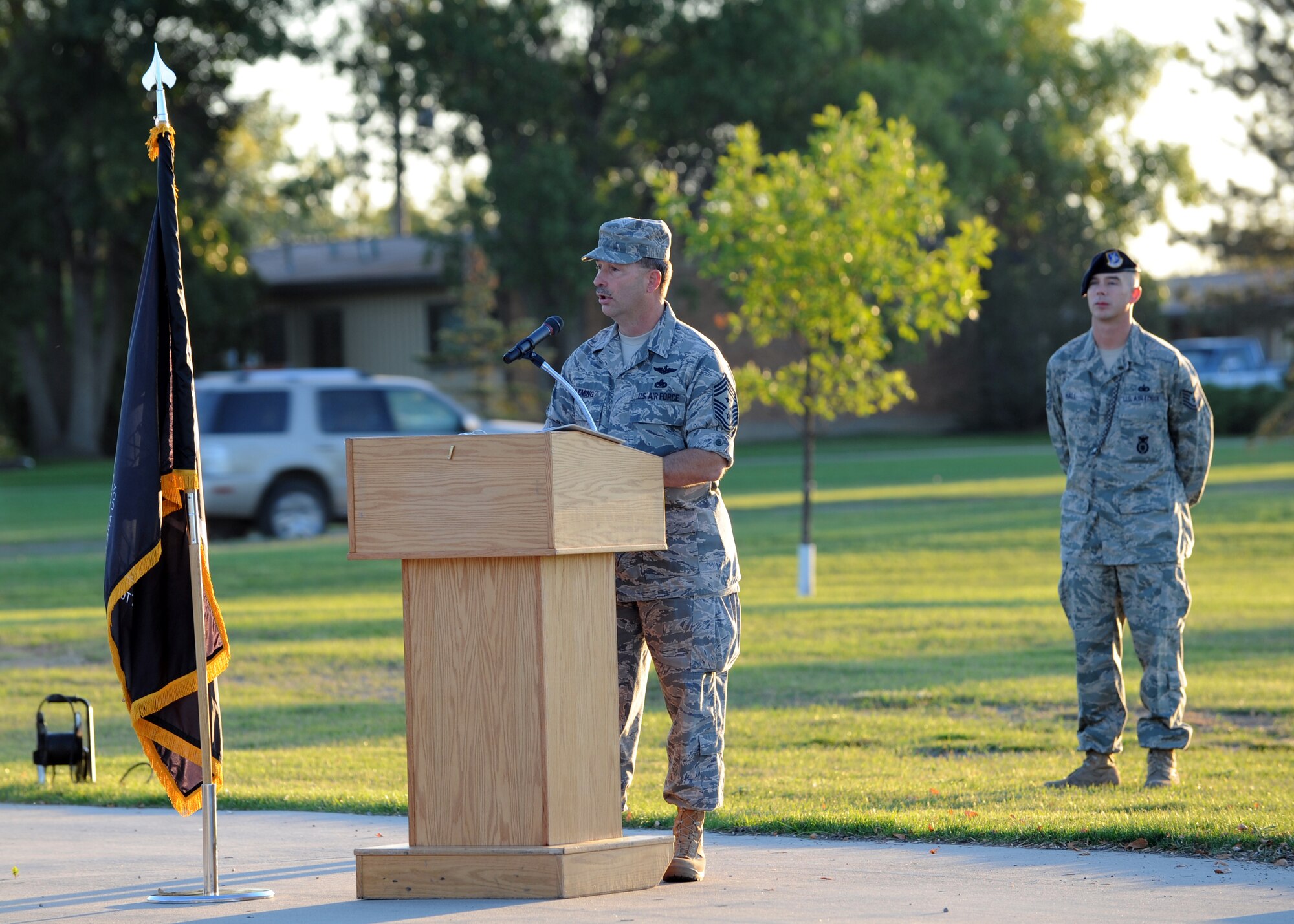 MINOT AIR FORCE BASE, N.D. -- Chief Master Sgt. Gregory Fleming, 91st Missile Wing command chief master sergeant, addresses the audience during the opening ceremony in honor of POW/MIA day here, Sept. 25. POW/MIA day is a day of remembrance for all those who have served our nation’s calling, but not yet returned home. (U.S. Air Force photo by Staff Sgt. Keith Ballard.)