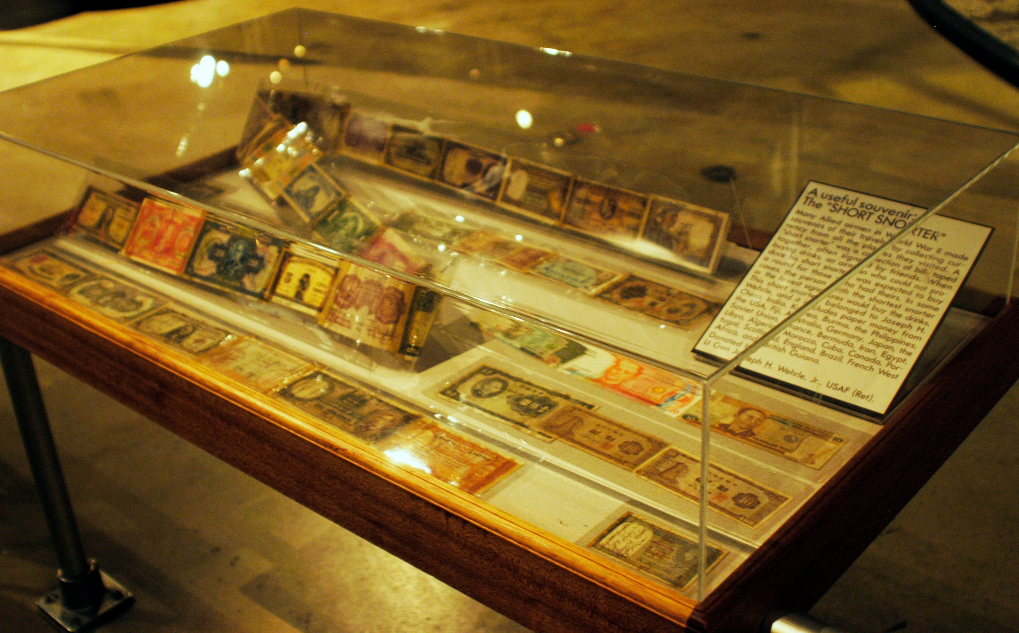Many Allied airmen in World War II made souvenirs of their travels by collecting currency from all the places they visited. A "short snorter" was a collection of bills taped together, often signed by friends. This short snorter belonged to Joseph Wehrle, and it includes paper money from China, India, Korea, Burma, the Phillippines, the U.S., Fiji, Australia, Germany, Japan, the Soviet Union, France, Bermuda, Iran, Egypt, Libya, Algeria, Morocco, Cuba, Canada, Portugal, Scotland, England, Brazil, French West Africa and British Guiana. (U.S. Air Force photo)