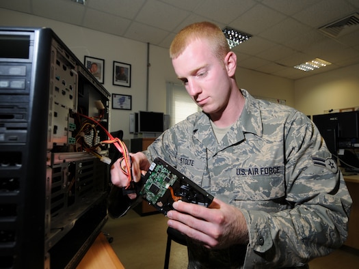 Airman 1st Class Todd Stolte, 379th Expeditionary Communications Squadron help desk technician, troubleshoots a computer hardware issue here, Sept. 30. The 379 ECS help desk is the base's one-stop shop for all computer-related issues. Airman Stolte is deployed from Scott Air Force Base, Ill., in support of Operations Iraqi and Enduring Freedom. (U.S. Air Force Photo/Tech. Sgt. Jason W. Edwards)