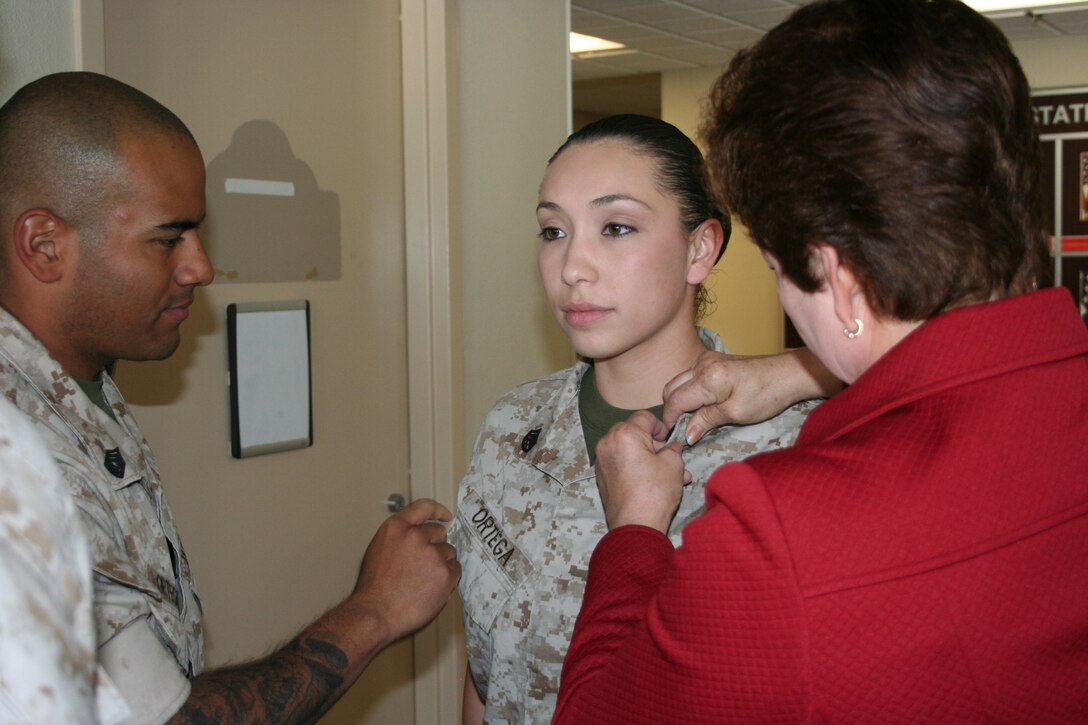 Staff Sergeant Esmeralda Ortega, METOC Headquarters and Headquarters Squadron, Marine Corps Air Station, Camp Pendleton is newly promoted.