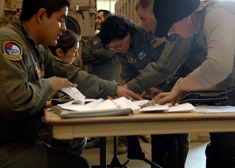 U.S. Air Force members inprocess at the start of the Dissimilar Aircraft Readiness Training exercise at March ARB, Calif. Dissimilar Aircraft Readiness Training, also known as DART, is a quarterly exercise for Air Force Reserve Command aeromedical evacuation squadrons. It provides hands-on training to flight nurses and aeromedical technicians on different aircraft than they have at their home bases. (U.S. Air Force photo/Senior Airman Joseph Araiza)