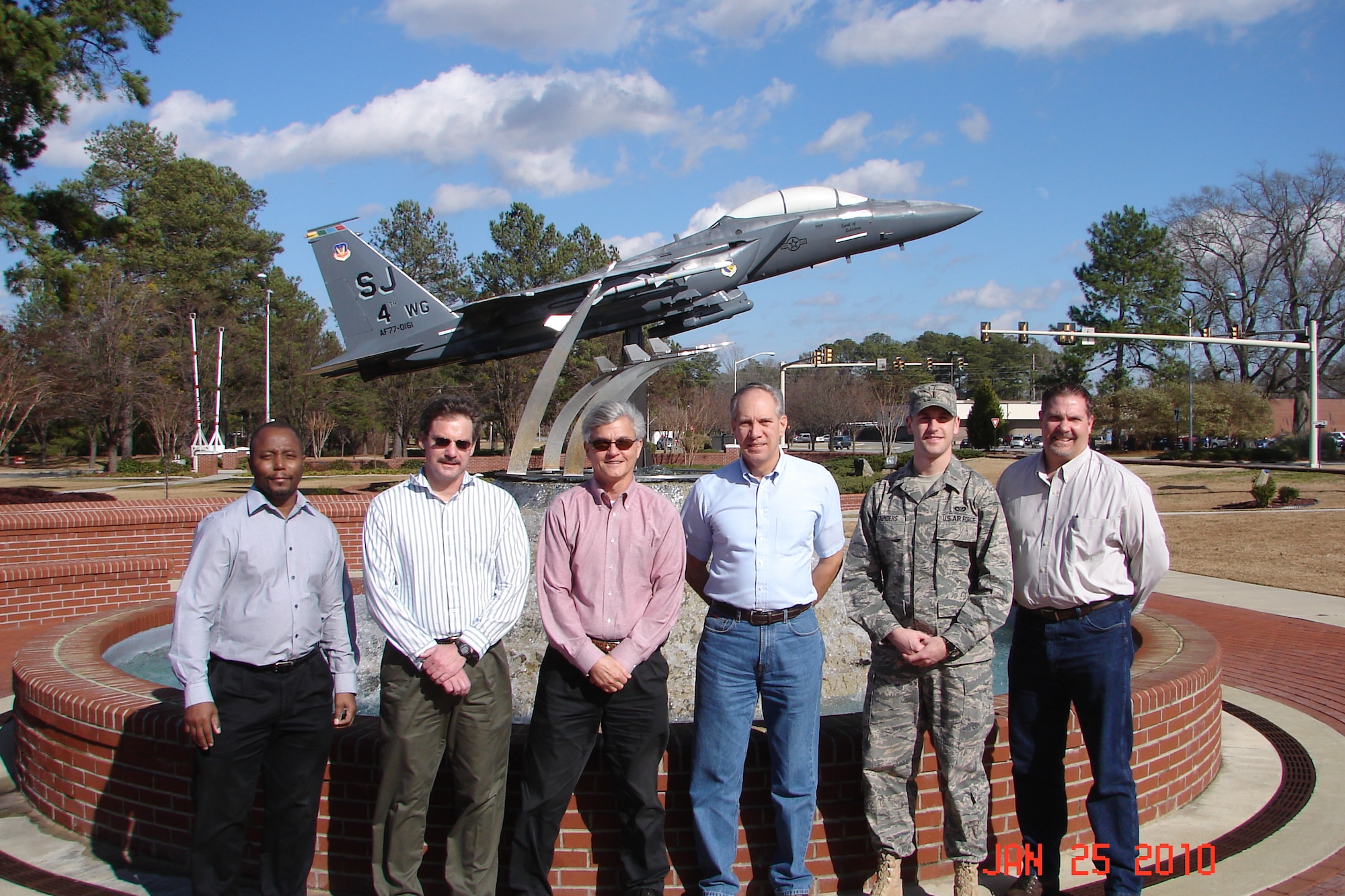 SEYMOUR JOHNSON AIR FORCE BASE, N.C. – The 4th Civil Engineer Squadron Environmental Element’s efforts leading the base community to reduce its environmental impact earned the 4th Fighter Wing the 2009 U.S. Air Force Gen. Thomas D. White Environmental Quality Award. Air Force officials present this award to the installation with the best or most improved environmental quality program. The flight is consists of (left to right) Ronnie Wilson, water quality manager; Dan Mayette, hazardous waste manager; Dean Chastain, Environmental Element chief; Frank Werner,  restoration manager; 2nd Lt. John Saunders, pollution prevention manager; and Barry Brockway, air quality/storage tank manager.  (Courtesy photo)