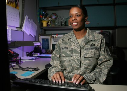 Master Sgt. R. Monique Slater was named the Air Force AF Manpower Senior NCO of the Year. Sergeant Slater is the 802nd Force Support Squadron Manpower and Organization Flight superintendent. (U.S. Air Force photo/Robbin Cresswell)