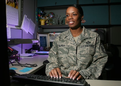 Master Sgt. R. Monique Slater was named the Air Force AF Manpower Senior NCO of the Year. Sergeant Slater is the 802nd Force Support Squadron Manpower and Organization Flight superintendent. (U.S. Air Force photo/Robbin Cresswell)