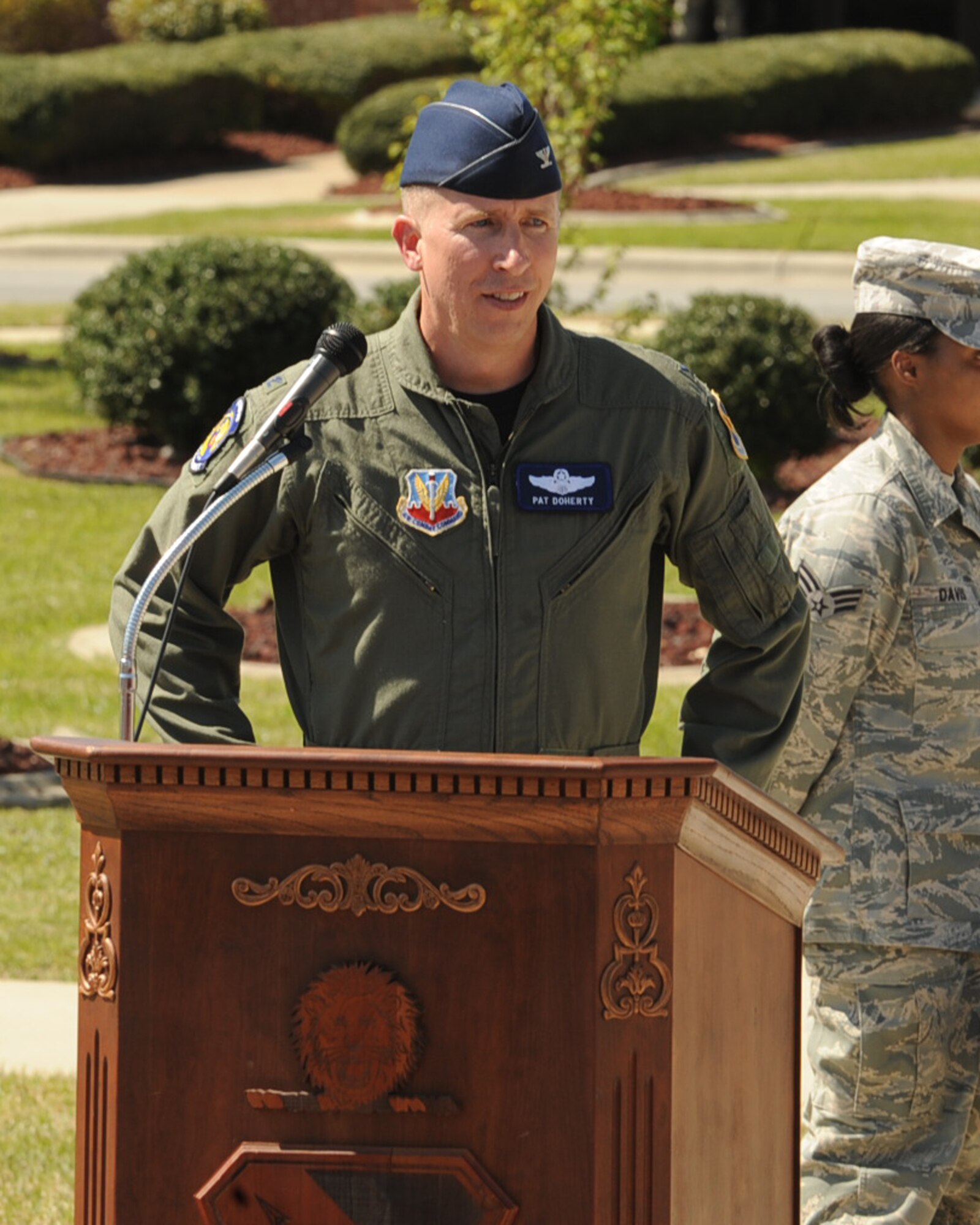 SEYMOUR JOHNSON AIR FORCE BASE, N.C. --
Col. Patrick Doherty, 4th Fighter Wing commander, speaks to the crowd during the wing change of command ceremony here, April 1, 2010. Col. Doherty is a command pilot with more than 3,400 flying hours, of which more than 2,500 are in the F-15E Strike Eagle. (U.S. Air Force photo/Senior Airman Ciara Wymbs)  
