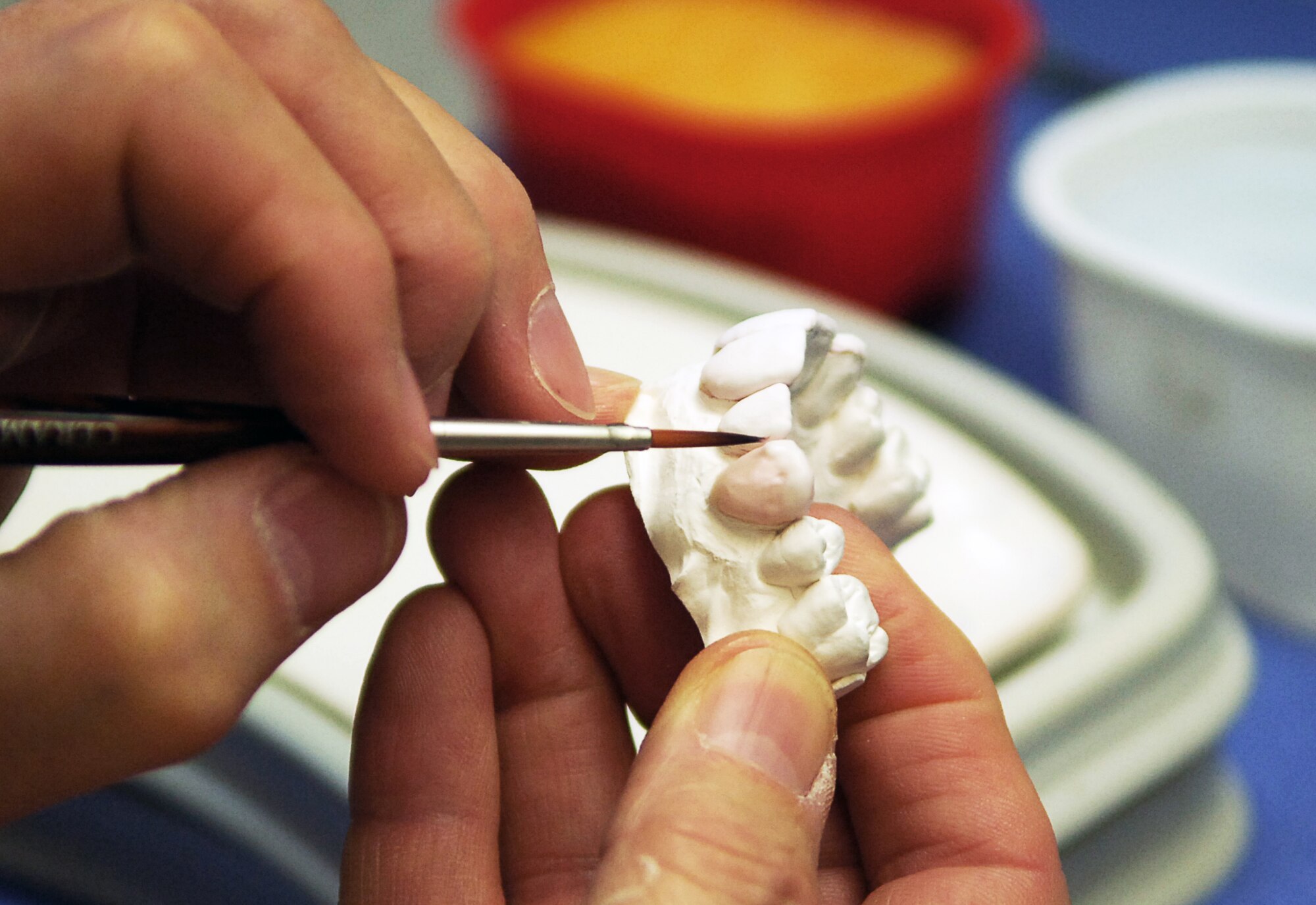 SCOTT AIR FORCE BASE, Ill. – Timothy Lashley, 375th Dental Squadron laboratory technician, touches up a plaster mold of a patient’s teeth March 18, 2010. Along with typical dental services, the dental facilities on Scott mold and create custom orthodontics such as removable and permanent retainers for servicemembers. (U.S. Air Force photo/ Senior Airman Ryan Crane)