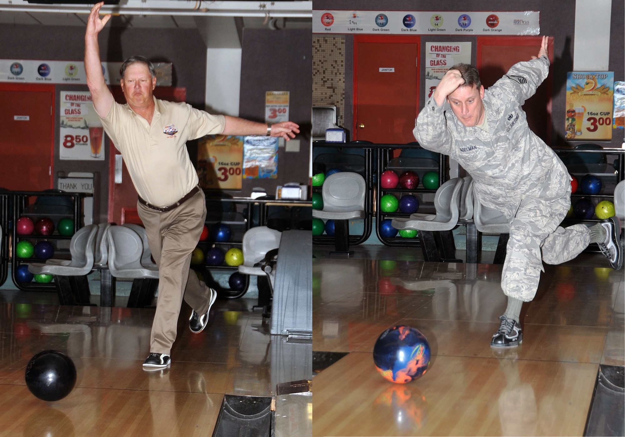 Two bowlers achieved a perfect score of 300 points recently at the Bowling Alley here. At left is Retired Col. Ron Mercer and at right is Master Sgt. Ronald E. Adelman, 342nd Training Squadron, Det. 1.

U.S. Air Force Photo by Todd Berenger