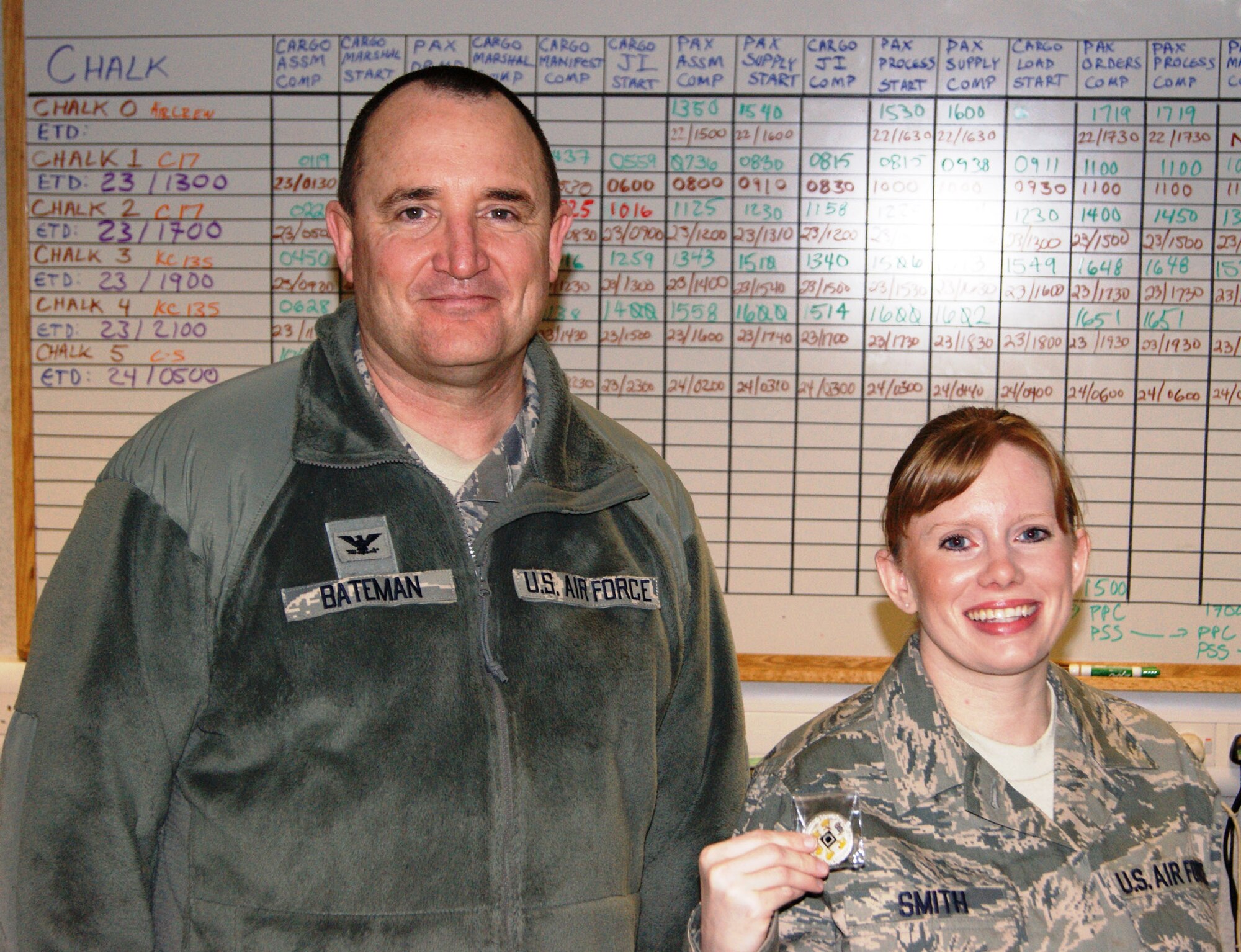 100th Mission Support Group Commander Col. Jeffrey Bateman presents his coin to Tech. Sgt. Tonya Smith, a visiting logistics planner from the 459th Logistics Readiness Squadron at Andrews Air Force Base, Md., for her above-and-beyond work in the deployment control center during a recent Phase I Operational Readiness Exercise.  The 100th Air Refueling Wing’s excellent results for cargo and passenger processing are displayed on the status board in the background.  Sergeant Smith is one of 23 Reservists from the 459th Air Refueling Wing who were here for two weeks of annual training. The Reservists worked alongside 100th ARW personnel to train and share ideas on operations.  (U.S. Air Force photo)