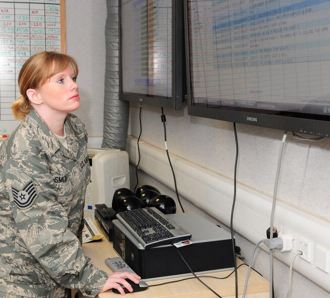 Tech. Sgt. Tonya Smith, 459th Logistics Readiness Flight Logistics Plans NCO, Andrews Air Force Base, Washington D.C., checks load information in the 100th Logistics Readiness Squadron Plans and Readiness section March 25. Sergeant Smith volunteered to work the night shift during a recent Phase 1 exercise, and was coined by Col. Jeffery Bateman, 100th Mission Support Group commander, as a result of her efforts.  (U.S. Air Force photo/Karen Abeyasekere) 