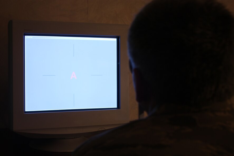 MSgt Robert Sanders looks at the red color vision segment of the new Cone Contrast Test at the USAF School of Aerospace Medicine’s Aerospace Ophthalmology Branch laboratory. The CCT is a software-generated clinical color vision test that indicates type (red, green or blue) and severity (mild to severe) of color vision deficiency and quantifies normal color performance. (Photo by Erik Brazones USAFSAM/EDD)