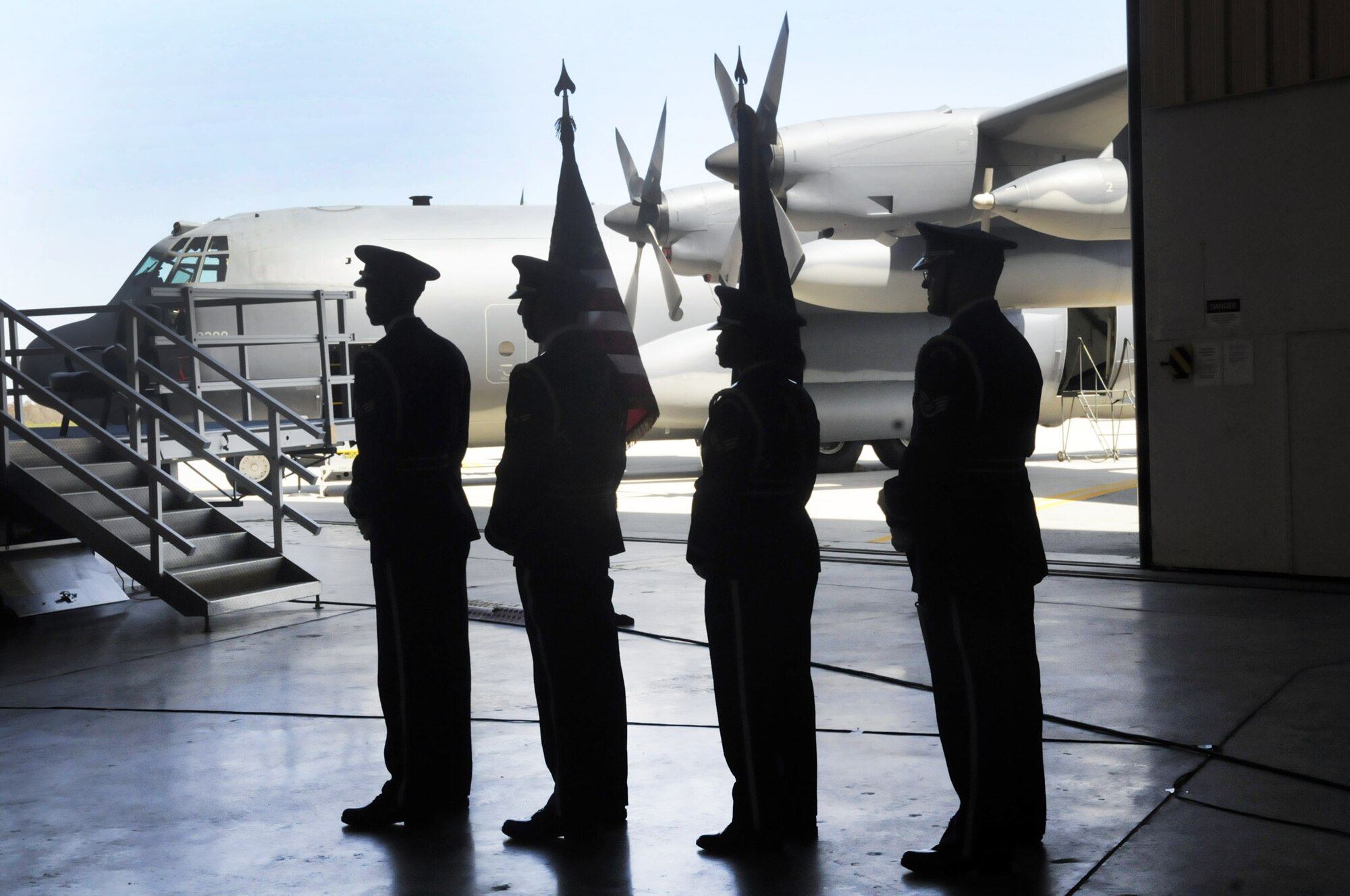 The honor guard prepares to present the colors at the MC-130W ceremony March 30. U. S. Air Force photo by Sue Sapp