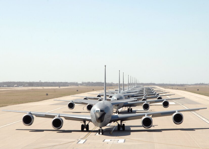 Twelve of McConnell’s 63 KC-135 Stratotankers demonstrate the “elephant walk” formation as they taxi down a runway during the Nuclear Operational Response Exercise March 31, 2010, McConnell Air Force Base, Kan. The exercise showcased the McConnell Air Force Base aircrews’ capability to prepare a flight and take off within minutes of being notified of a mission. (U.S. Air Force photo/Airman 1st Class Justin Shelton)