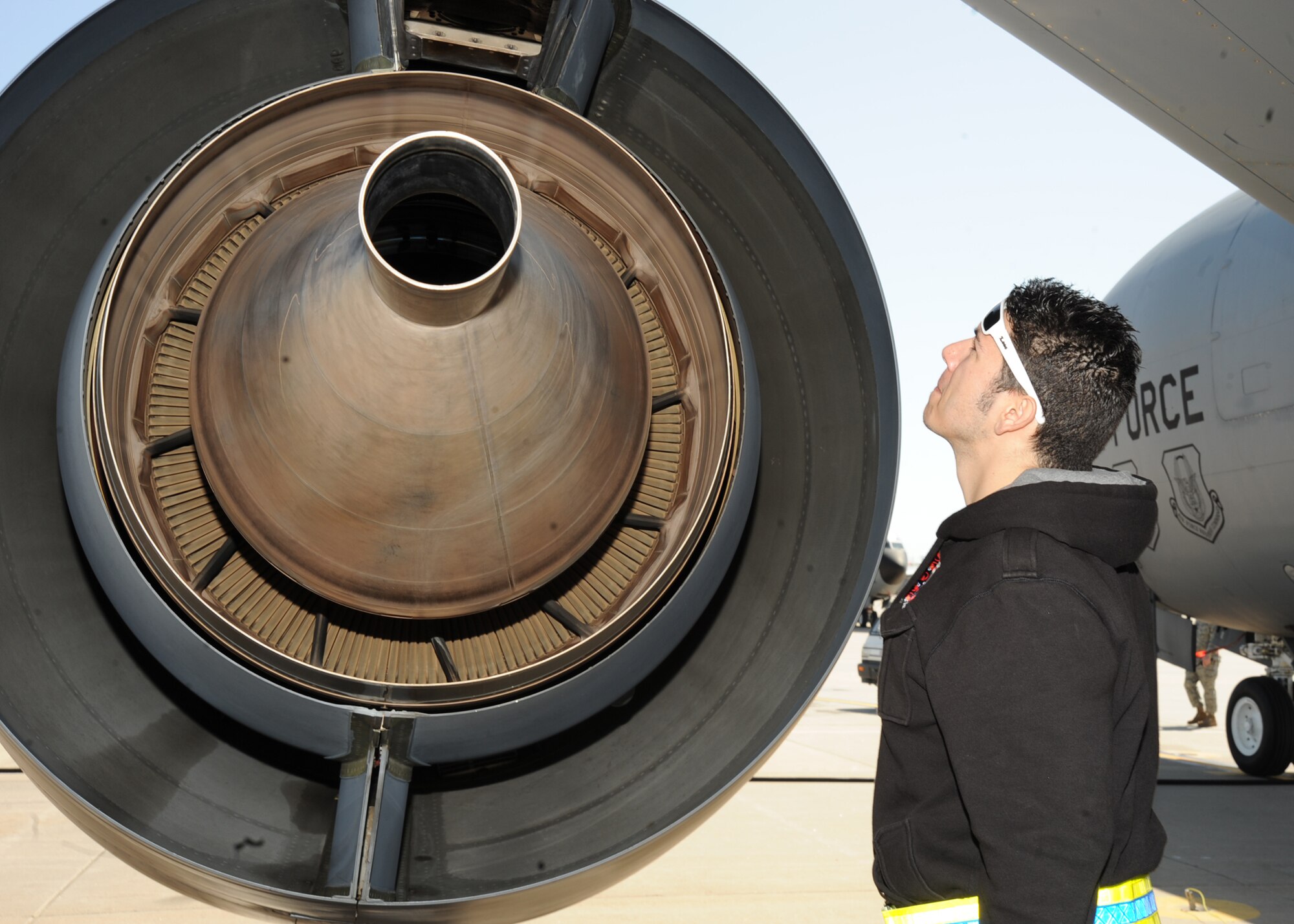 As part of a preflight inspection, Staff Sgt. Jorge Figueroa, 931st Aircraft Maintenance Squadron Air Force Reserve crewchief technician, inspects a KC-135 Stratotanker’s number two engine air locks for any objects that may impede flight during the Nuclear Operational Readiness Exercise March 29, 2010, McConnell Air Force Base, Kan. Maintenance group personnel inspect the aircraft to ensure they are safe for flight. (U.S. Air Force photo/Senior Airman Maria Ruiz)