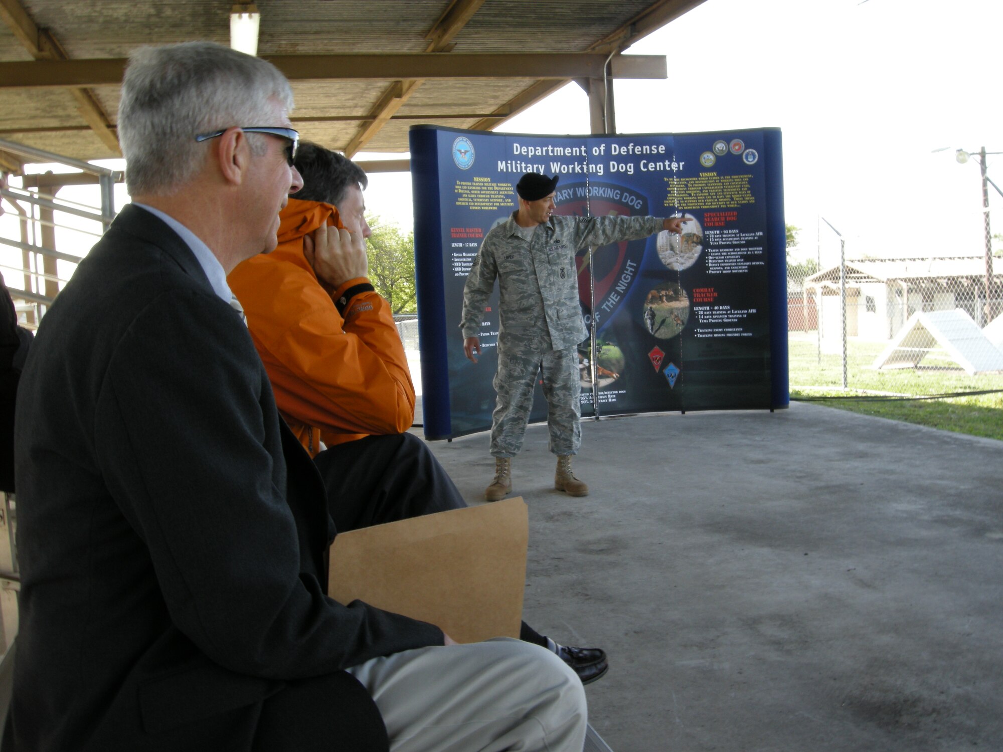 The 459th Air Refueling Wing and 316th WIng partnered for a Civic Leader Tour to Lackland AFB March 24-25.  Civic leaders from the greater Northeast witnessed the missions of the 459th ARW, 433rd Airlift Wing, and 37th Training Wing first hand during this program designed to put civic leaders in touch with the importance of community and family support in the lives of Airmen. Here civic leaders are watching a military working dog demonstration (U.S. Air Force photo/ Capt. Rebecca A. Garcia).