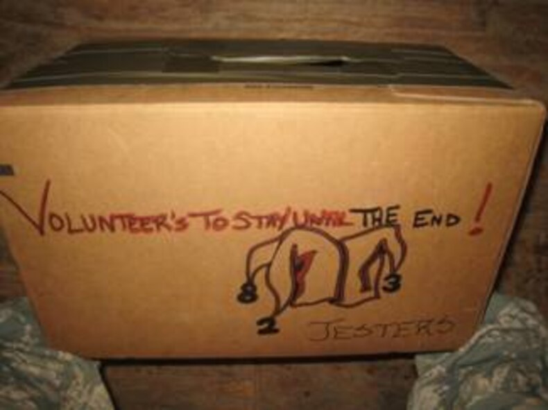 PORT-AU-PRINCE, Haiti -- "Volunteers to stay until the end" was the title of the box placed in front of the 823rd Expeditionary Security Forces Squadron Tactical Operations Center on Feb. 22. There were 31 ESFS Airmen who volunteered to stay, while the rest went back home. (Courtesy photo)