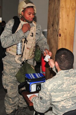 SEYMOUR JOHNSON AIR FORCE BASE, N.C. -- Staff Sgt. Daryle Elams, 335th Fighter Squadron crew chief, has his identity card and dog tags checked during the Phase I operational readiness exercise here March 29, 2010. Door guards check IDs and dog tags simultaneously to ensure the information is correct. Elams hails from Philadelphia. (U.S. Air Force photo illustration/Senior Airman Rae Perry) 