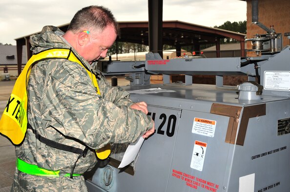 SEYMOUR JOHNSON AIR FORCE BASE, N.C. -- Tech. Sgt. Jeffrey Youngblood, 4th Logistics Readiness Squadron non-commissioned officer in charge of receiving, places processed cargo information sheets into a protective sleeve during a Phase I operational readiness exercise on here March 19, 2010. A Phase one exercise tests the wing's ability to deploy Airmen and cargo on short notice. Youngblood hails from Liberty, S.C. (U.S. Air Force photo/Senior Airman Rae Perry)