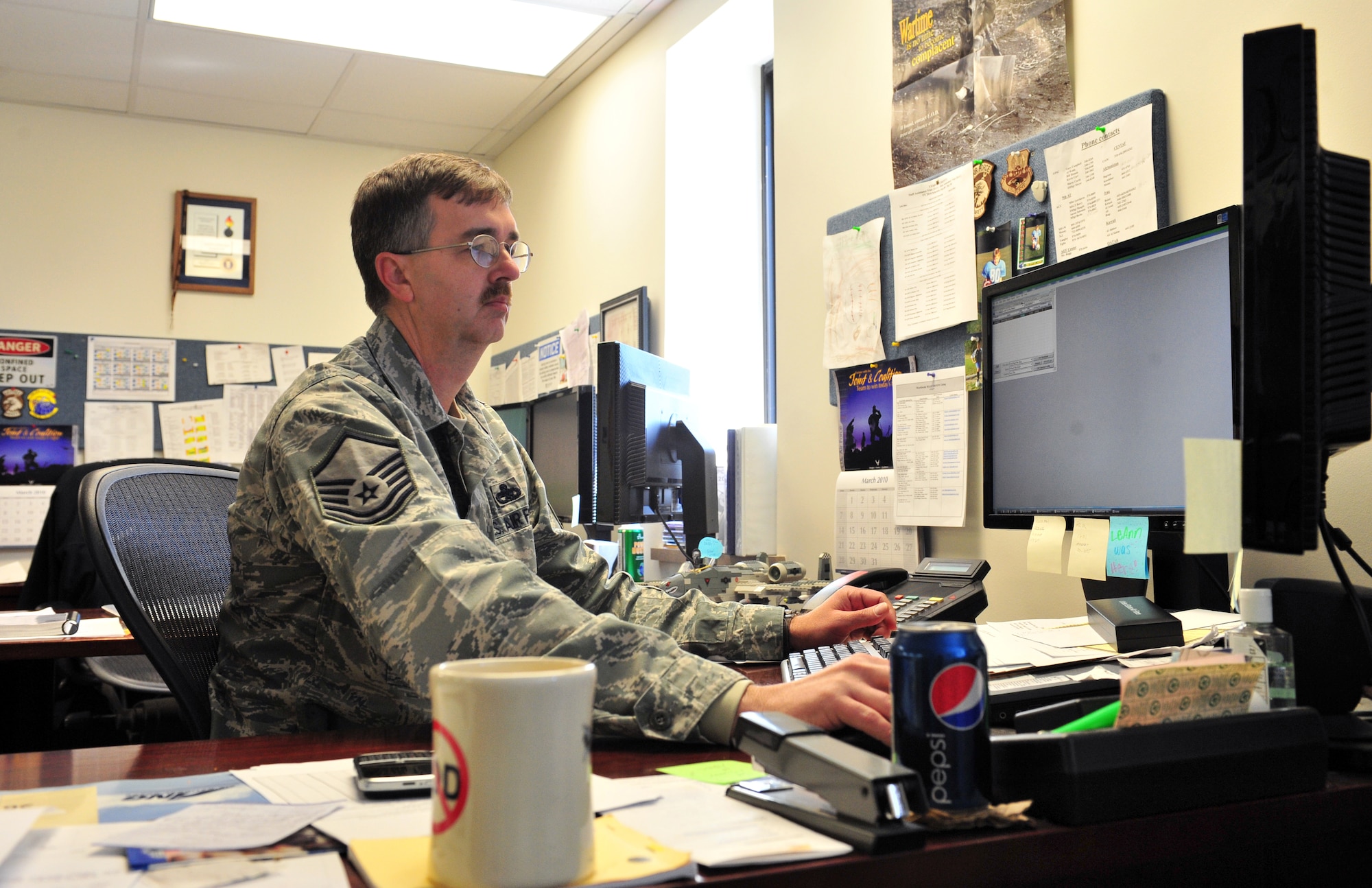 SHAW AIR FORCE BASE, S.C. - Master Sgt. Leslie Haga Jr., 9th Air Force explosive safety superintendent, works diligently at his computer March 31. Master Sgt. Haga was recently selected as the annual award winner for the Air Force Explosive Safety Outstanding Individual Achievement Award. Master Sgt. Haga was recognized for his collaboration with the 51st Fighter Wing during his last deployment. (U.S. Air Force photo/Airman 1st Class Amber E. N. Jacobs)
