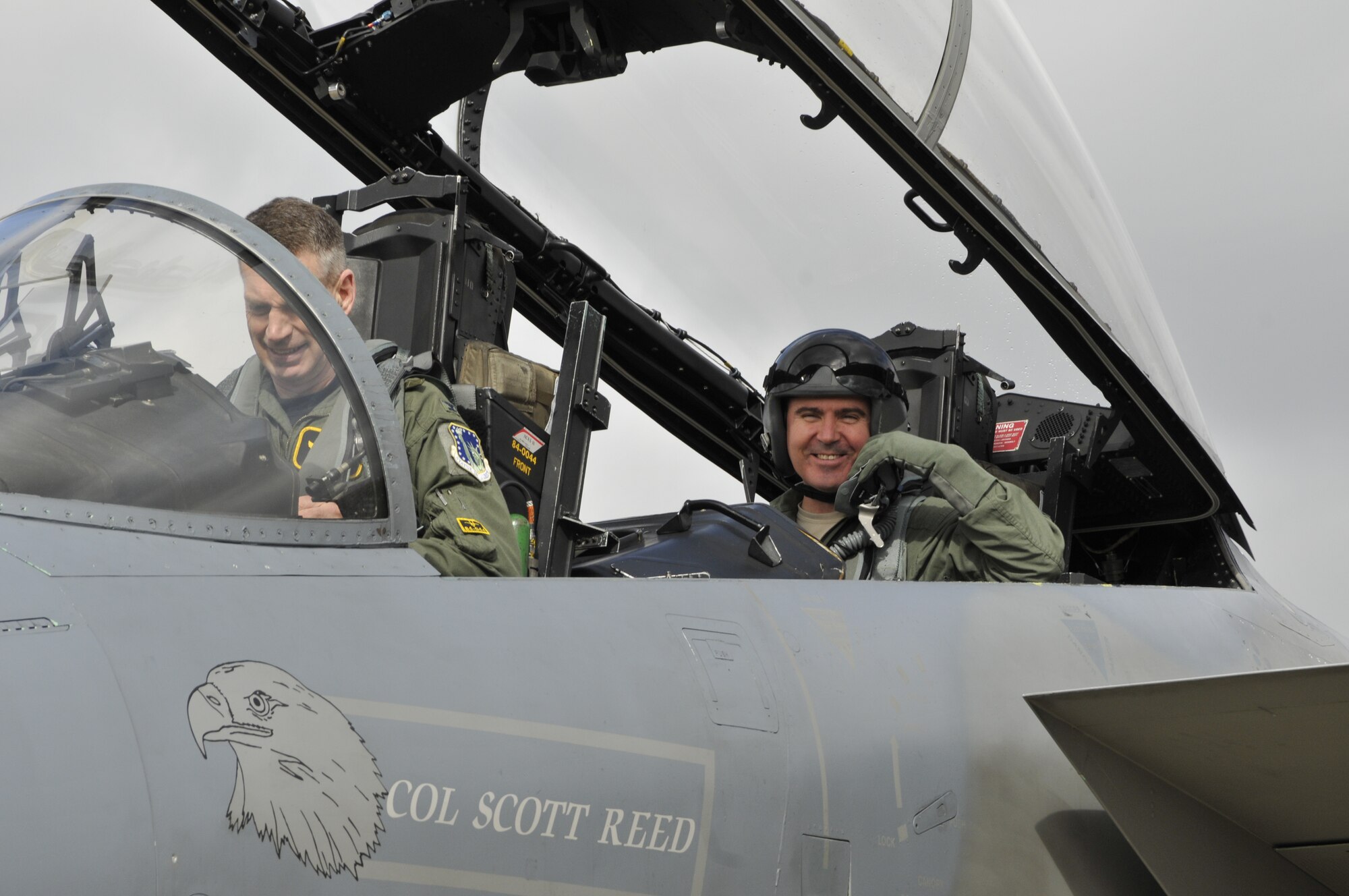 Col. Lawrence Reed, 48th Fighter Wing vice commander (left), and Chief Master Sgt. James Lucas, 48th Fighter Wing command chief, prepare for an F-15 incentive flight on March 26. This is the first time Chief Lucas has ever flown in an F-15. (U.S. Air Force photo/Airman 1st Class Tiffany Deuel)