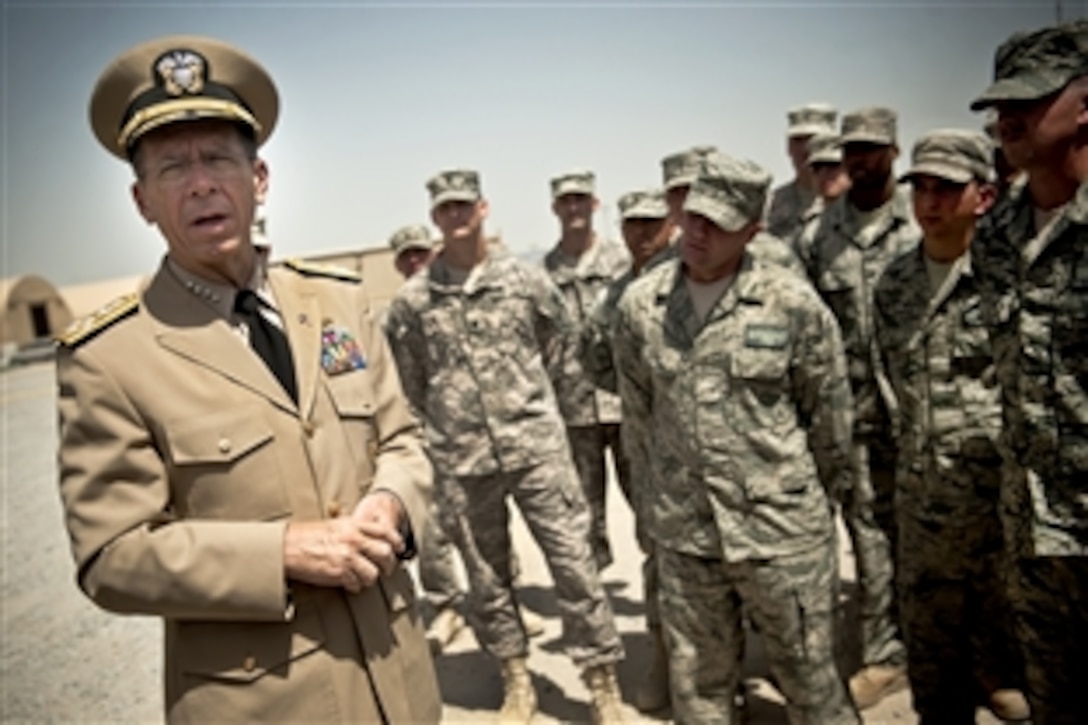 U.S. Navy Adm. Mike Mullen, chairman of the Joint Chiefs of Staff, addresses troops 
assigned to Camp Arifjan, Kuwait, April 1, 2010. 