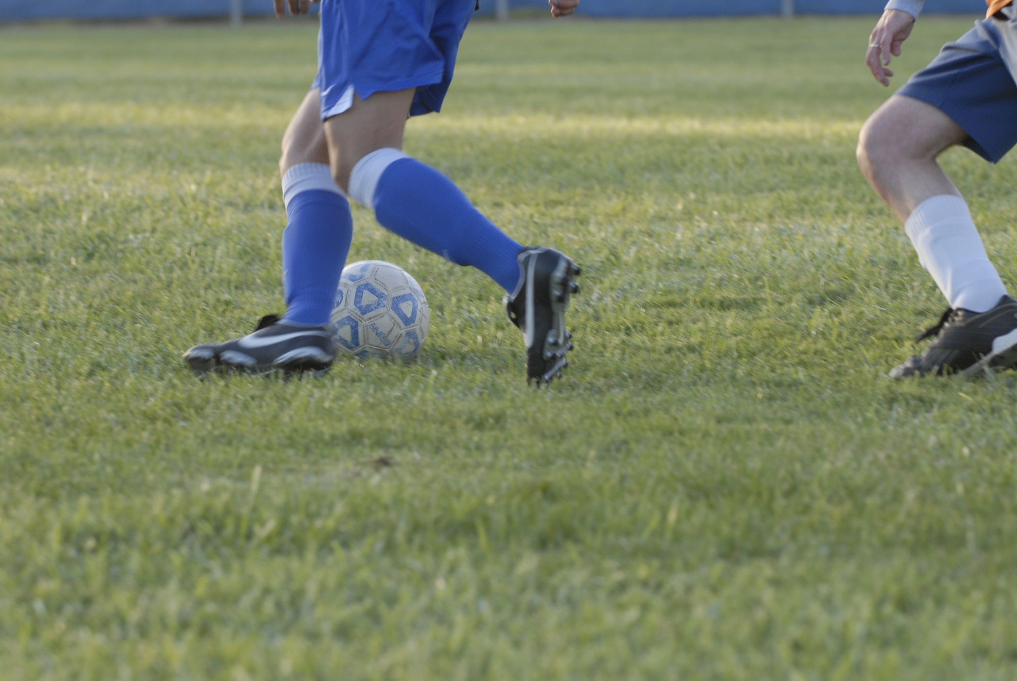 VANDENBERG AIR FORCE BASE, Calif. -- George Cornejo, a member of the 30th Security Forces Squadron soccer team, dribbles the ball toward the goal during an intramural pre-season game here Thursday, April 1, 2010. The soccer season finals are slated to begin in early June, 2010. (U.S. Air 
Force photo/Senior Airman Ashley Reed)


