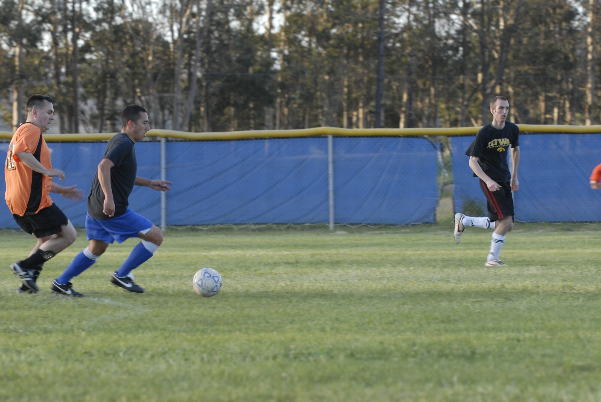 VANDENBERG AIR FORCE BASE, Calif. -- Charging down the field, George Cornejo, a member of the 30th Security Forces Squadron soccer team, goes for a goal during an intramural pre-season game here Thursday, April 1, 2010. The 30th SFS soccer team defeated the 14th AF soccer team 8 - 4. (U.S. Air Force photo/Senior Airman Ashley Reed)

