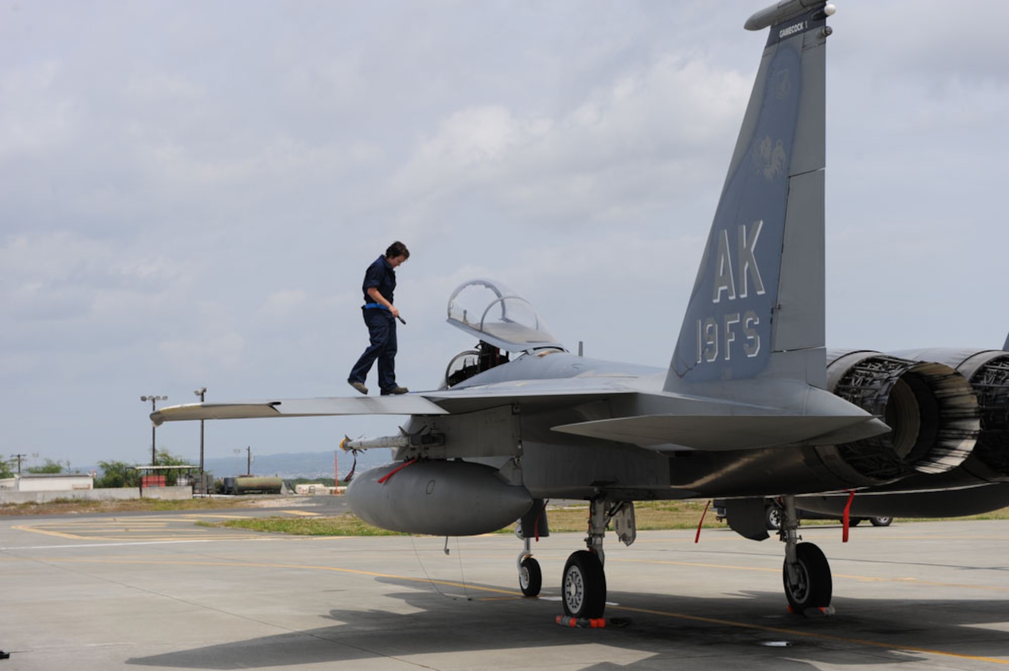 F-15 crew chief, Staff Sergeant Sarah Flagg of the Aircraft Maintenance Unit, 3rd Maintenance Squadron, Elmendorf AFB, Alaska inspects the wing of an F-15 after the jet's recent return from a mission scenario during a joint exercise with the Hawaii Air National Guard's 199th Fighter Squadron at Hickam AFB, Hawaii on March 22, 2010. The 19th FS from Elmendorf AFB, Alaska and the 199th are completing their last exercise together. The 199th will be transitioning to an F-22 squadron next year,
while the 19th FS will begin deactivating procedures on April 1, 2010 as a result of the 2010 Fiscal Year Fighter Restructure Plan.  (U.S. Air Force photo/Tech Sgt. Cohen A. Young)