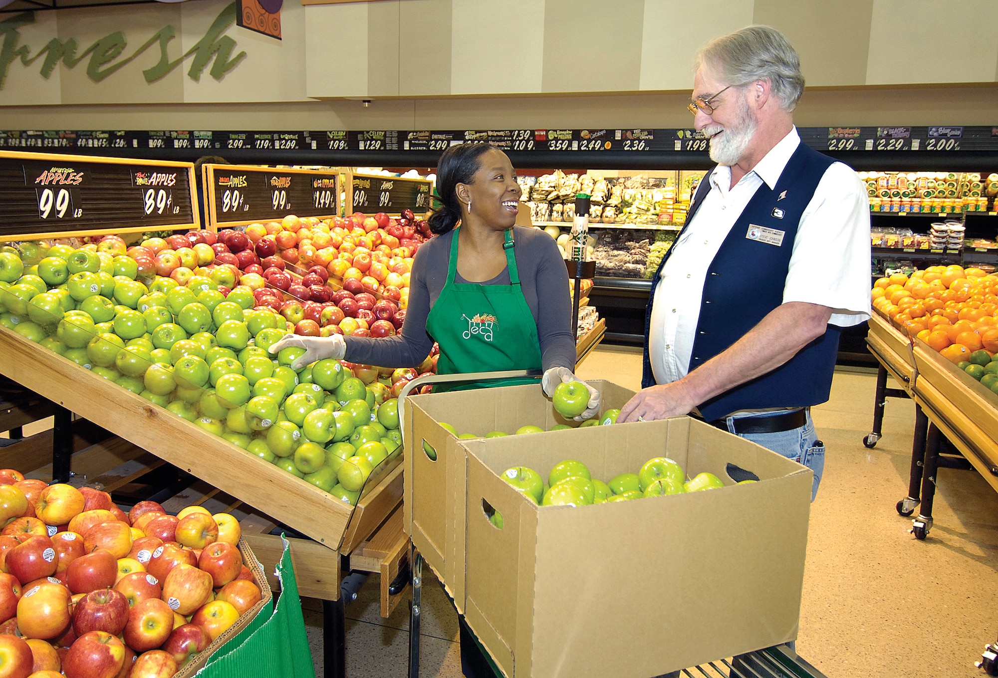 In a competition against 223 other military stores world-wide, the commissary here at Tinker has the best produce presentation of them all. 

The Tinker Commissary produce department won the 10th Annual Produce Merchandising Award for 2009, the second time in consecutive years they claimed the award. 

Judging criteria partly included community outreach and special displays, which the Tinker Commissary puts significant effort toward, said produce manager Steve Johnson, shown with Tashia Cherry. 

The produce department of 12 people is proud to earn the award, which represents one of several awards the commissary earned as a whole over the last several years, Mr. Johnson said. (Air Force photo by Margo Wright)

