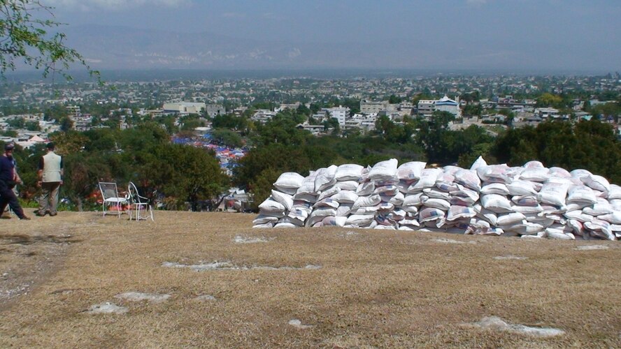 PORT-AU-PRINCE, Haiti -- Sacks of food sit at a food distribution point in Port-au-Prince, Haiti in March. Food is distributed at designated, controlled sites where it is needed most and where it can support the overall humanitarian effort going on in the rebuilding country. (Contributed U.S. Air Force photo/RELEASED)
