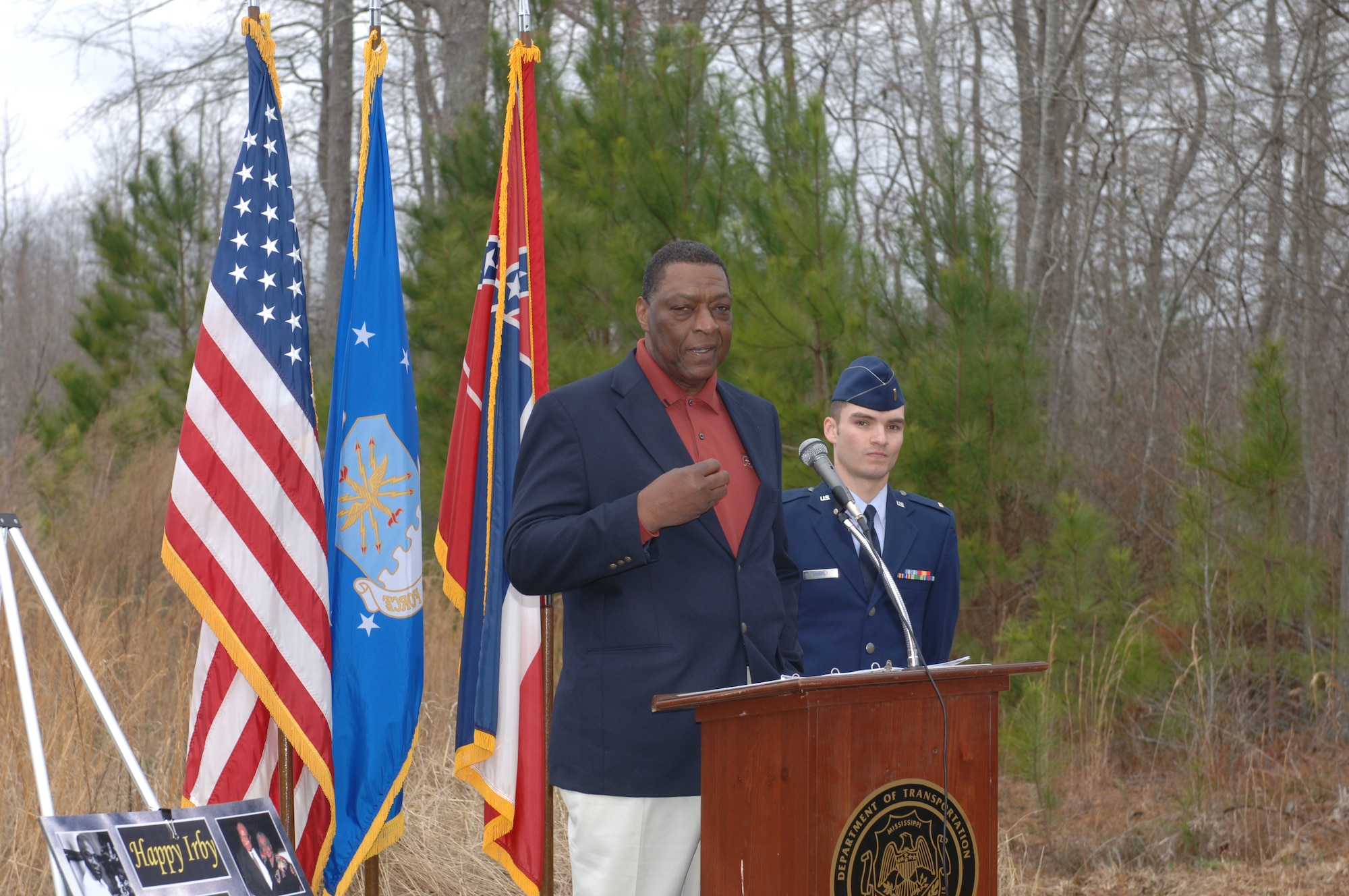 George Irby, son of George "Happy" Irby, speaks at the dedication of the road to the Columbus AFB main entrance as the George "Happy" Irby Parkway March 26. (U.S. Air Force photo/Elizabeth Ownes). 