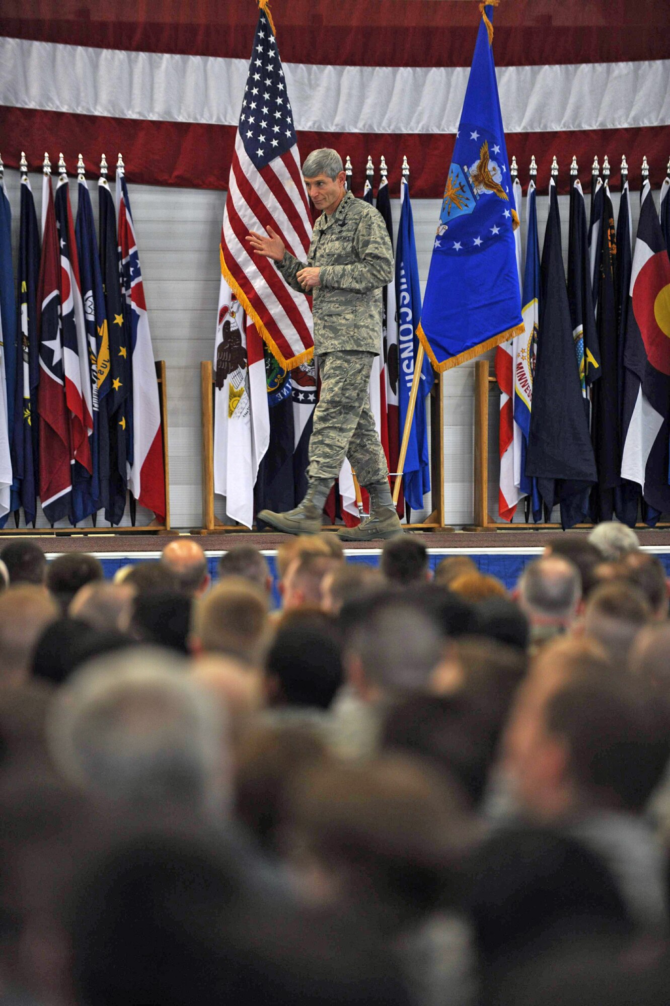 Gen. Norton Schwartz addresses more than 1,500 Airmen on teamwork and excellence April 1, 2010, at Minot Air Force Base N.D. (U.S. Air Force photo)
