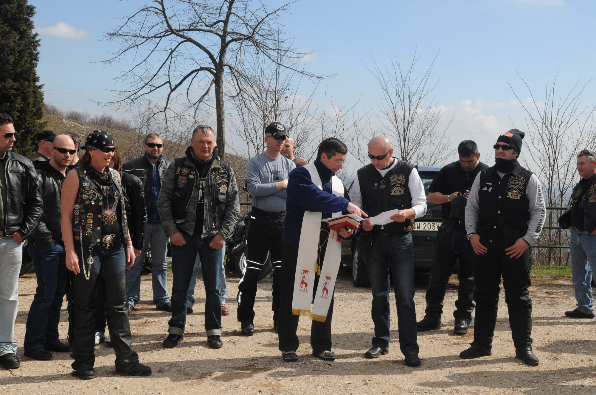 One hundred fifth teen motorcyclists gathered for the 18th annual blessing of the bikes ceremony at Moudonna del Monte -"Holy Lady of the Mountain" Church on March 27. There were approximately 85 bikes in attendance in the range of Harley Davidson, street bikes and a few dirt bikes. (U.S. Air Force Photo/Staff Sgt. MercedesKimble L. Crossland)